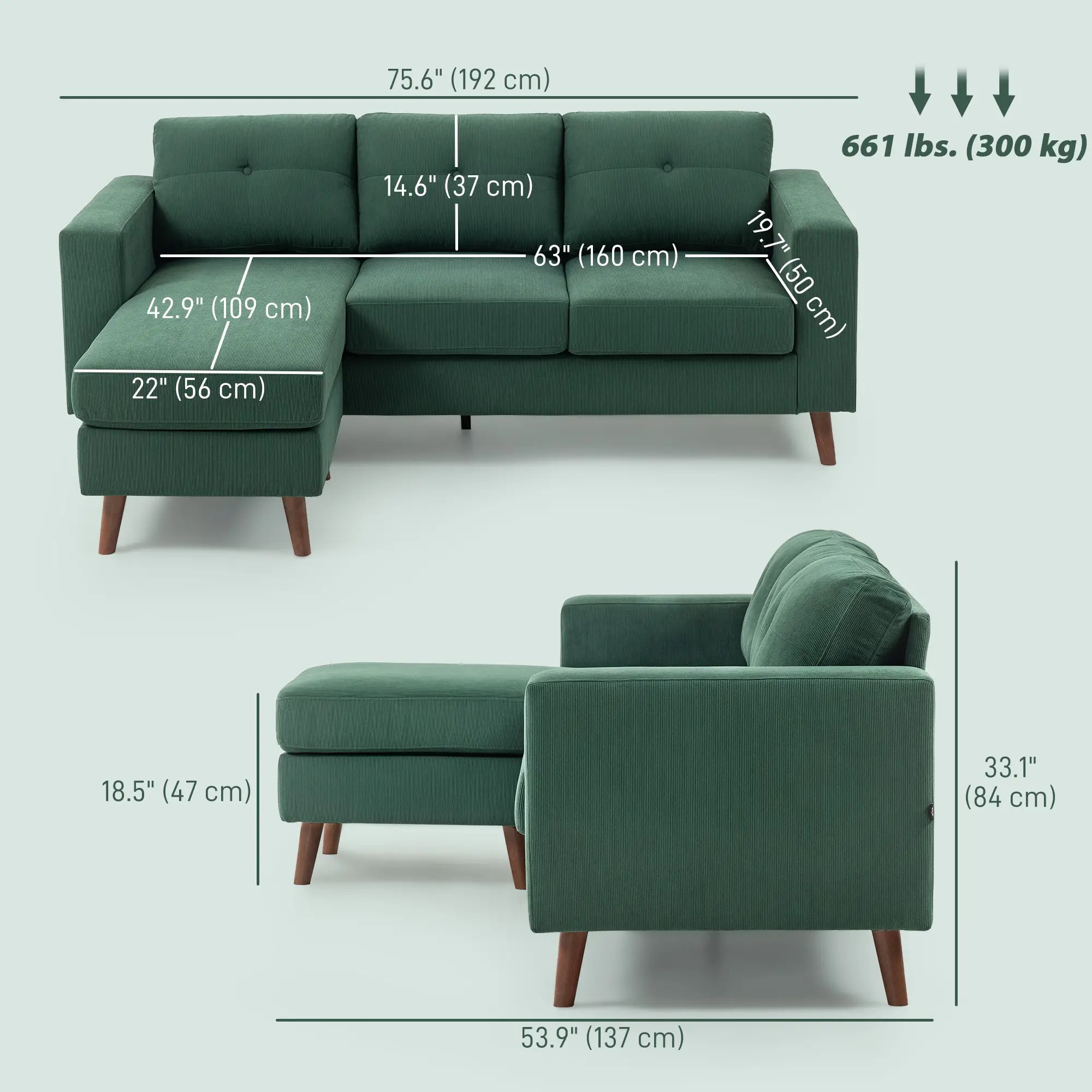 Sectional Sofa with Changeable Chaise, 3 Seat L-Shaped, Dark Green 3-Seater Sofas at Gallery Canada