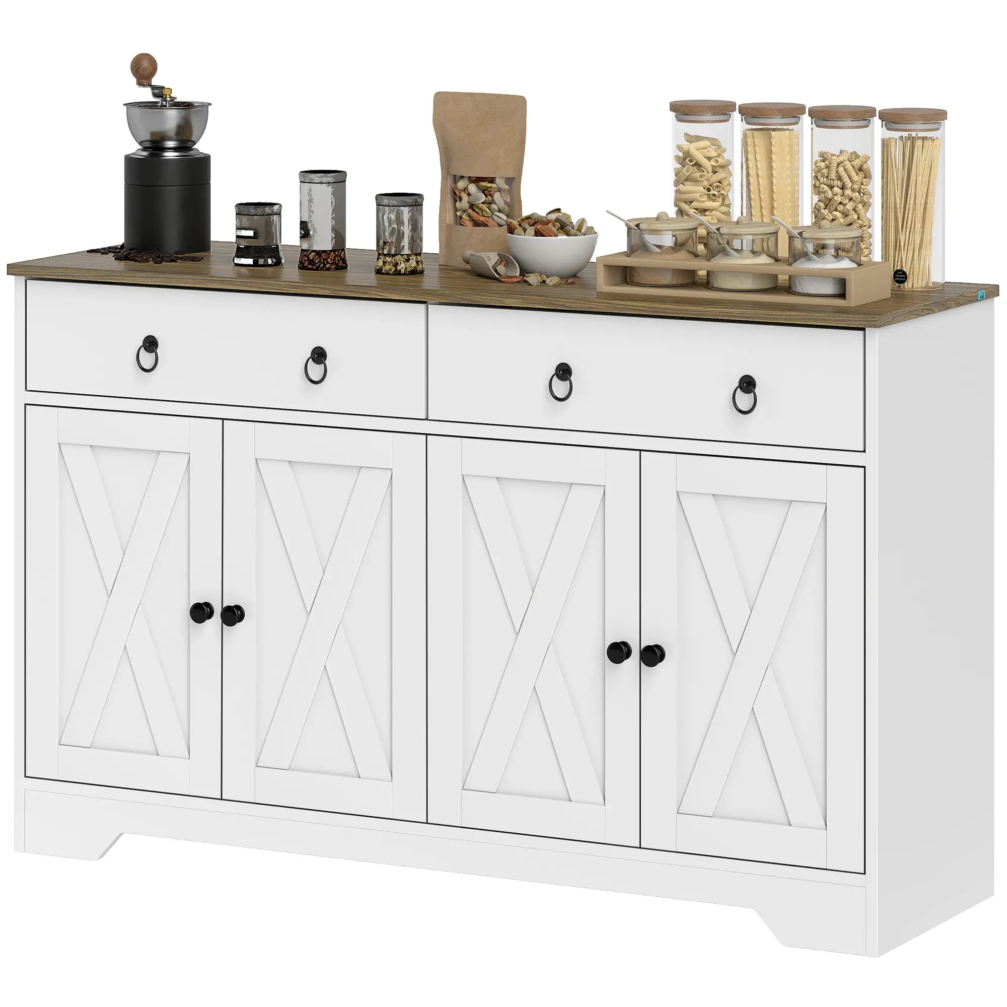 Kitchen Sideboard Cabinet, 2 Drawers, 4 Barn Doors, 2 Adjustable Shelves, White Bar Cabinets White, Brown at Gallery Canada
