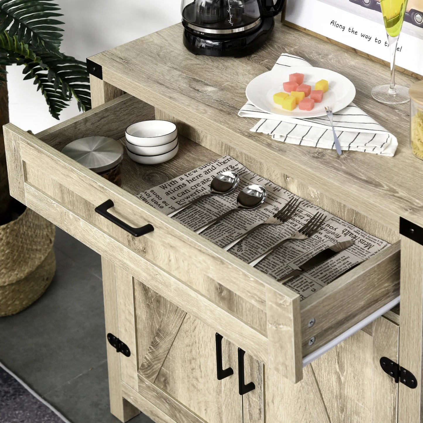 Farmhouse Kitchen Cabinet, Sideboard with 2 Barn Doors, Drawer, Oak Bar Cabinets at Gallery Canada