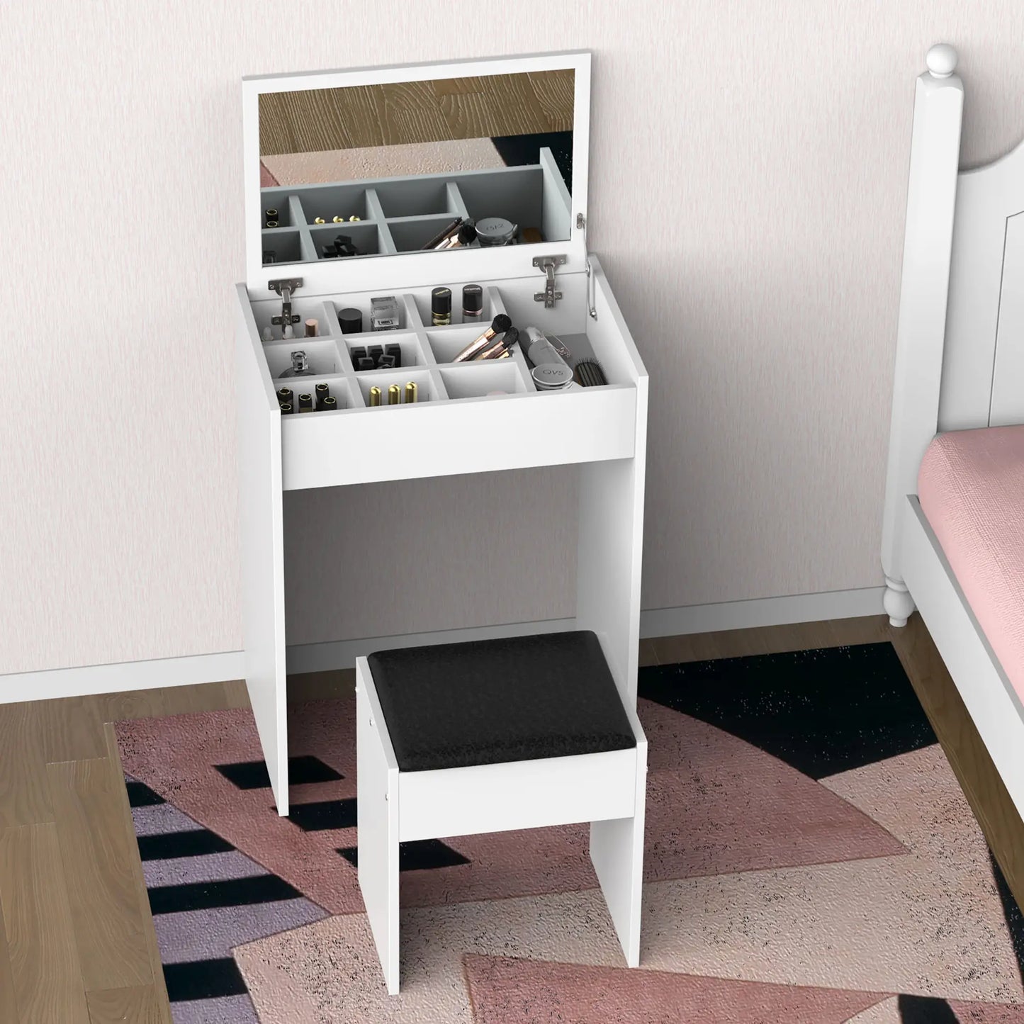 Modern Vanity Set, Makeup Table with Cushioned Stool, Flip Top Mirror, White Dressing & Vanity Tables at Gallery Canada