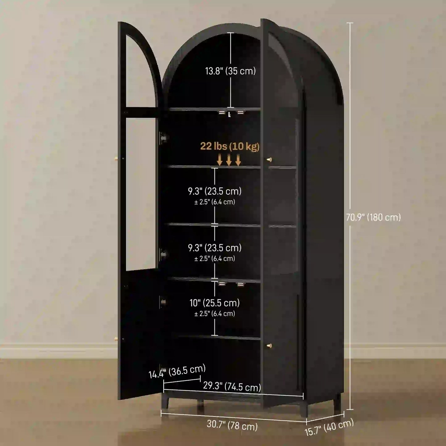 Arched Kitchen Pantry Cabinet, 71" Tall, Adjustable Shelves, Acrylic Doors, Black Kitchen Pantry Cabinets at Gallery Canada