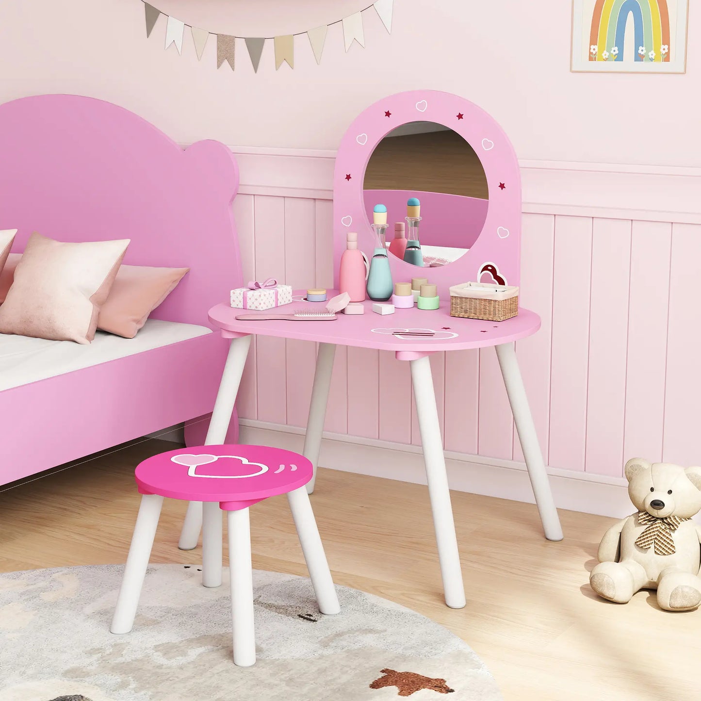 Kids Dressing Table with Mirror and Stool, Girls Vanity Set, Pink Toy Vanity at Gallery Canada