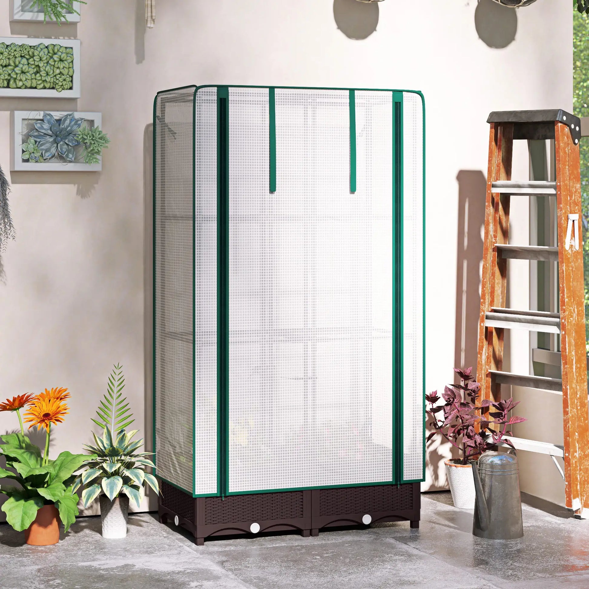 Raised Garden Bed Kit with Trellis, PE Cover, Zipper Door, 31.5 x 15.7 x 48.8 Inch, Brown Raised Garden Beds at Gallery Canada