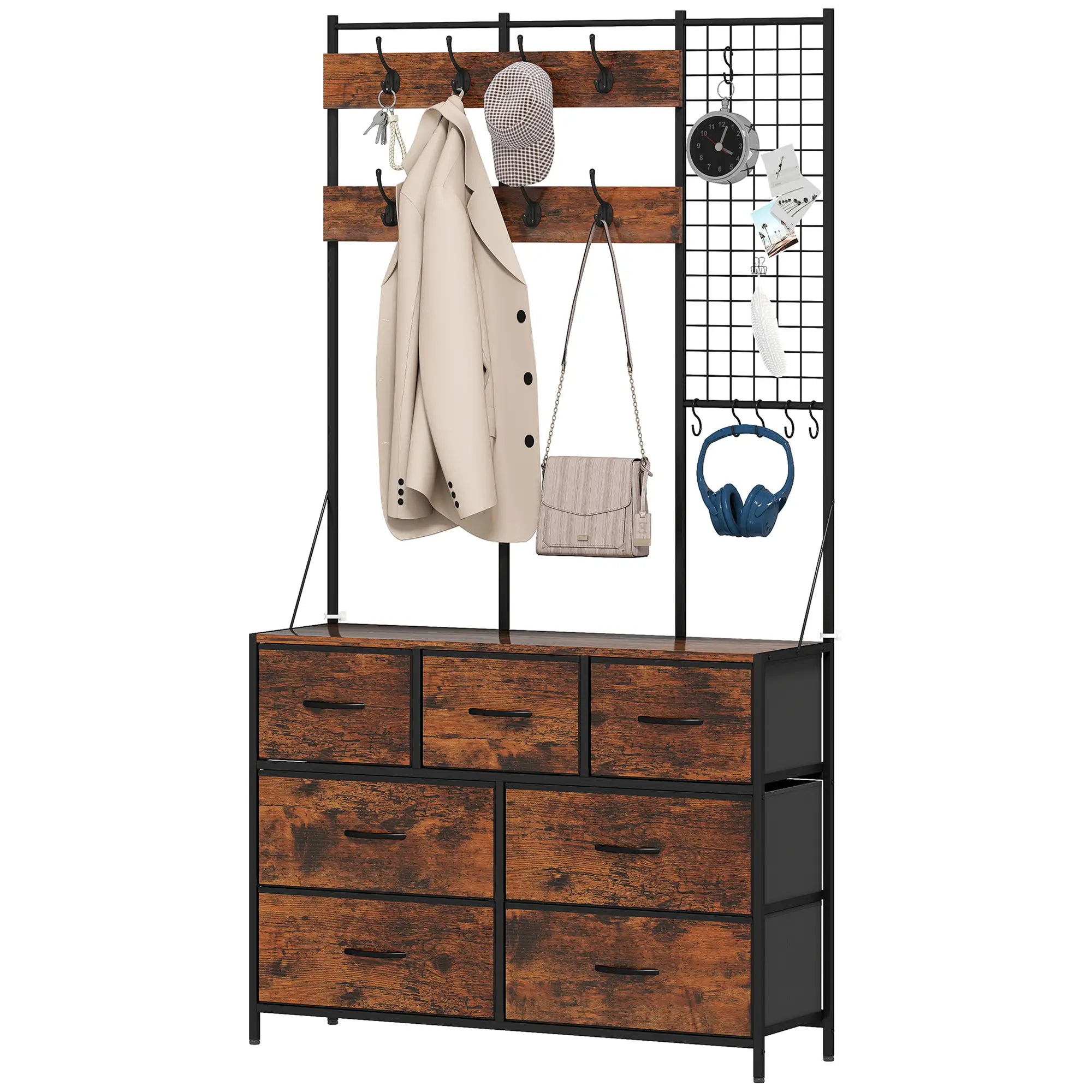 4-In-1 Coat Rack, 7 Drawer Fabric Dresser, Hall Tree 14 Hooks, Rustic Brown Clothing Storage Rustic Brown, Black at Gallery Canada