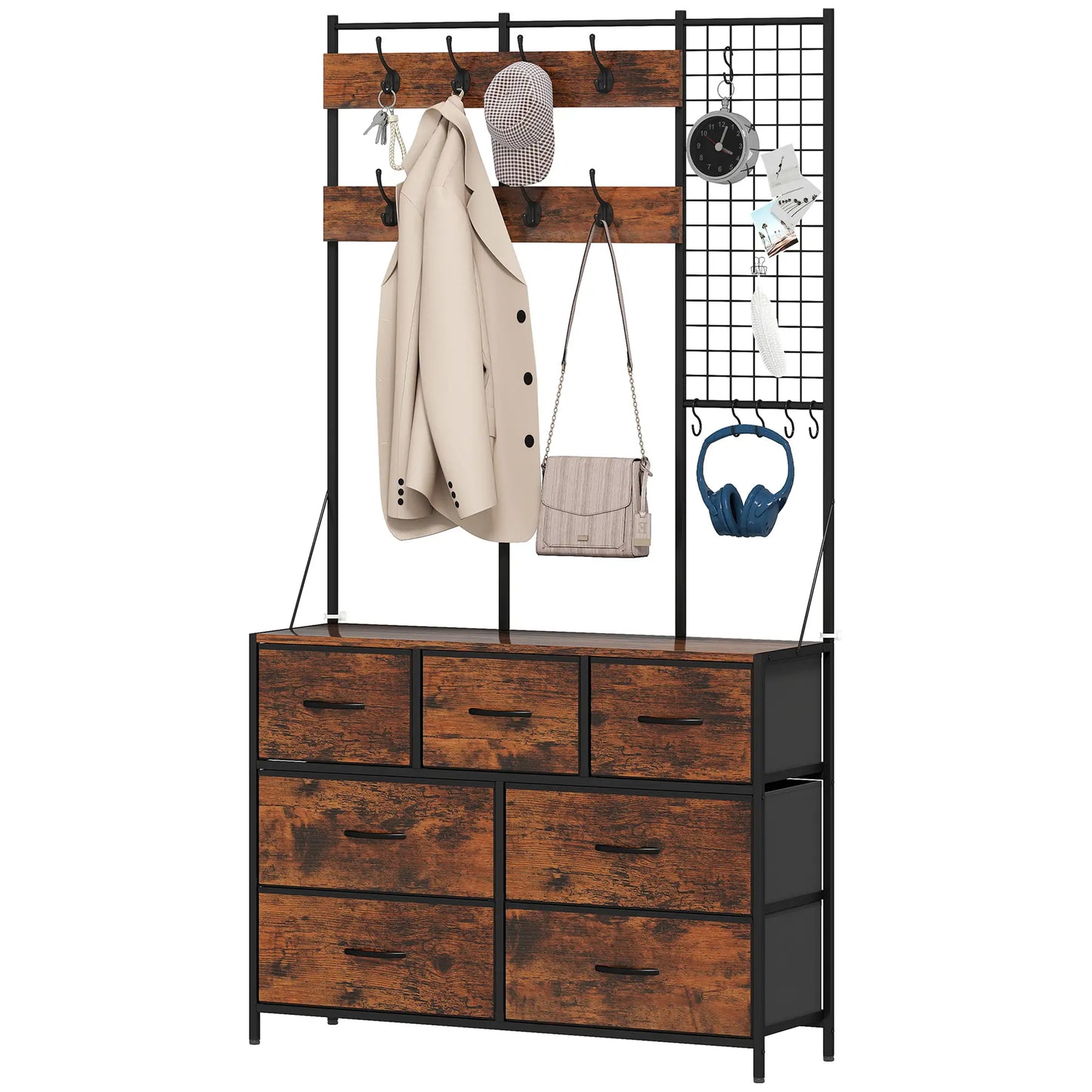 4-In-1 Coat Rack, 7 Drawer Fabric Dresser, Hall Tree 14 Hooks, Rustic Brown Clothing Storage Rustic Brown, Black at Gallery Canada