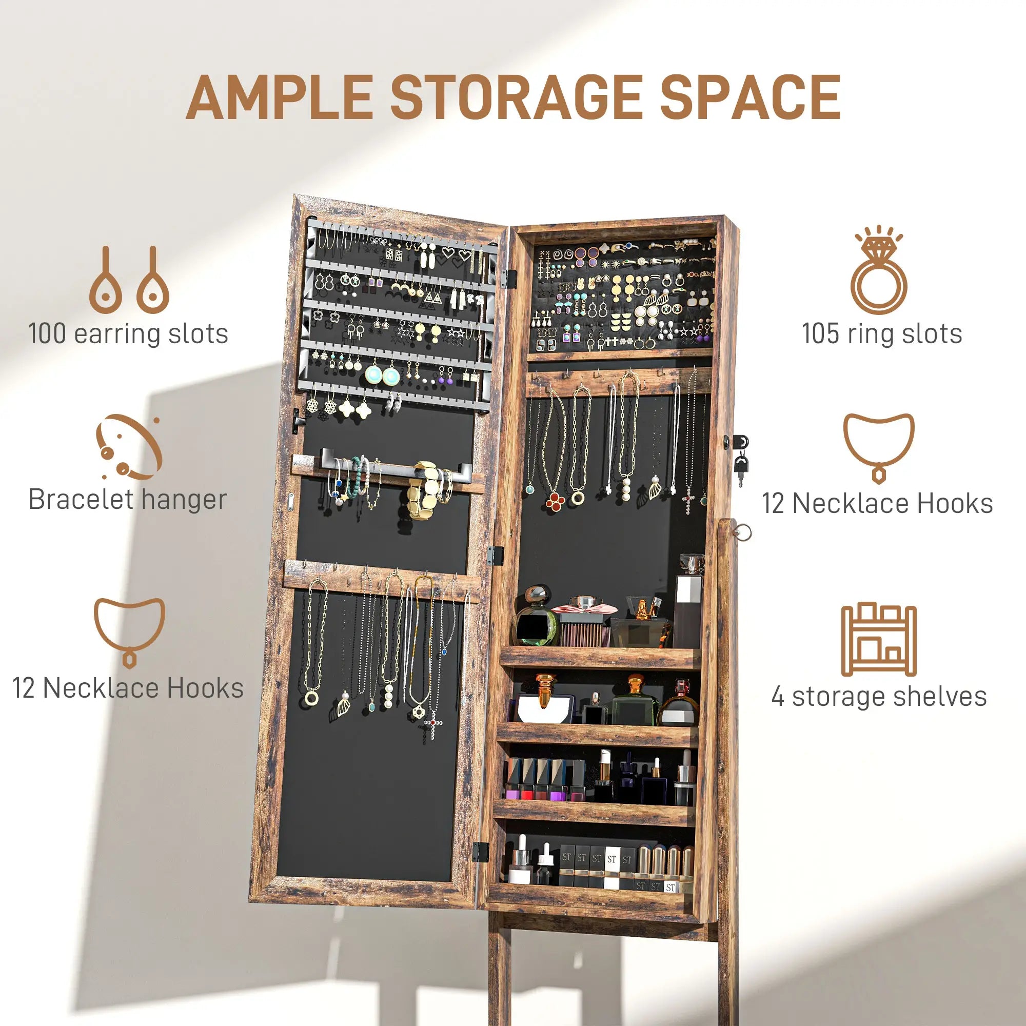 Lockable Mirror Jewelry Cabinet, Full-Length, 3 Adjustable Angles, Rustic Brown Jewelry Armoire & Jewellery Mirror Cabinets at Gallery Canada