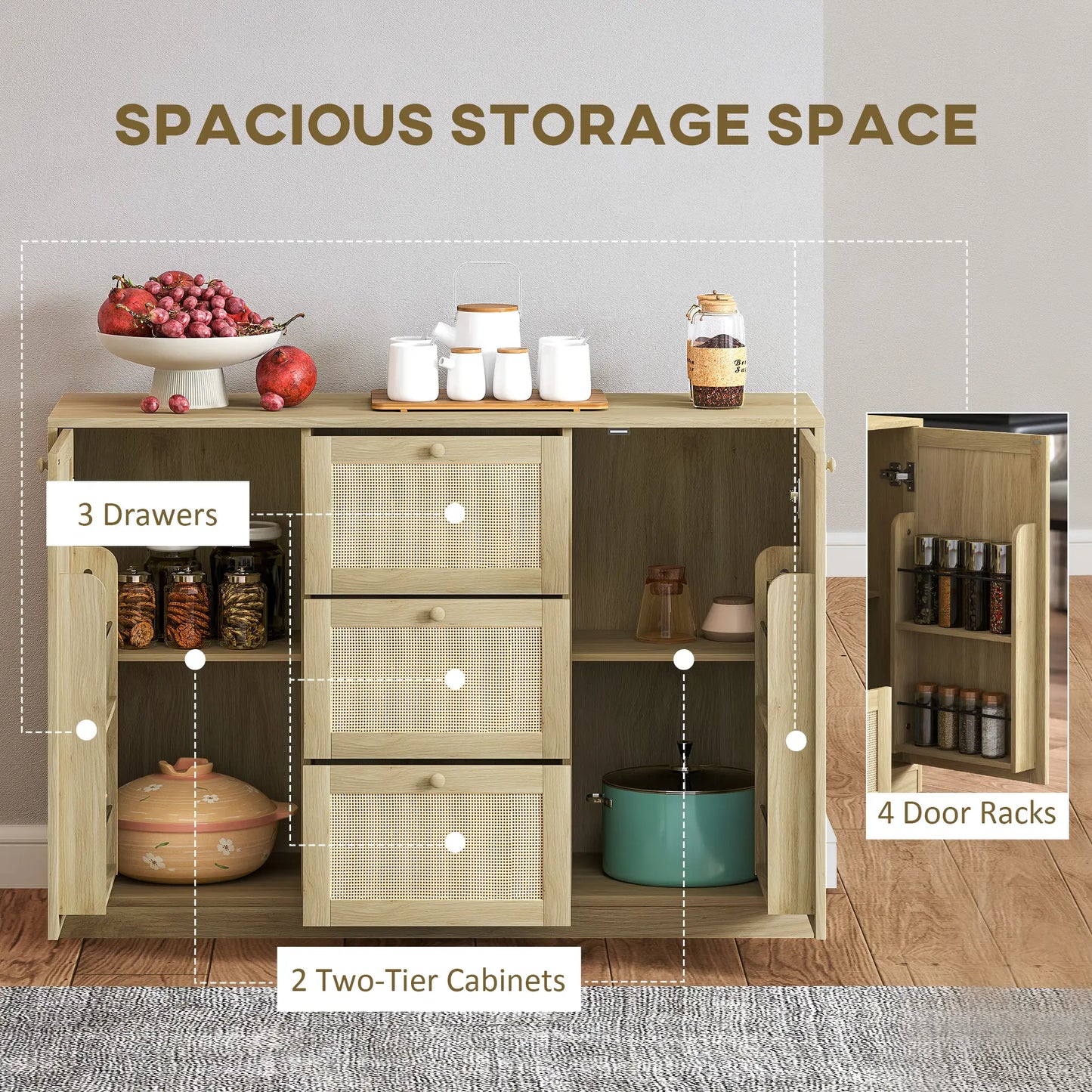 Boho Sideboard Buffet Cabinet, Kitchen Coffee Bar, 3 Drawers, 2 Shelves, 4 Racks, Natural Storage Cabinets at Gallery Canada
