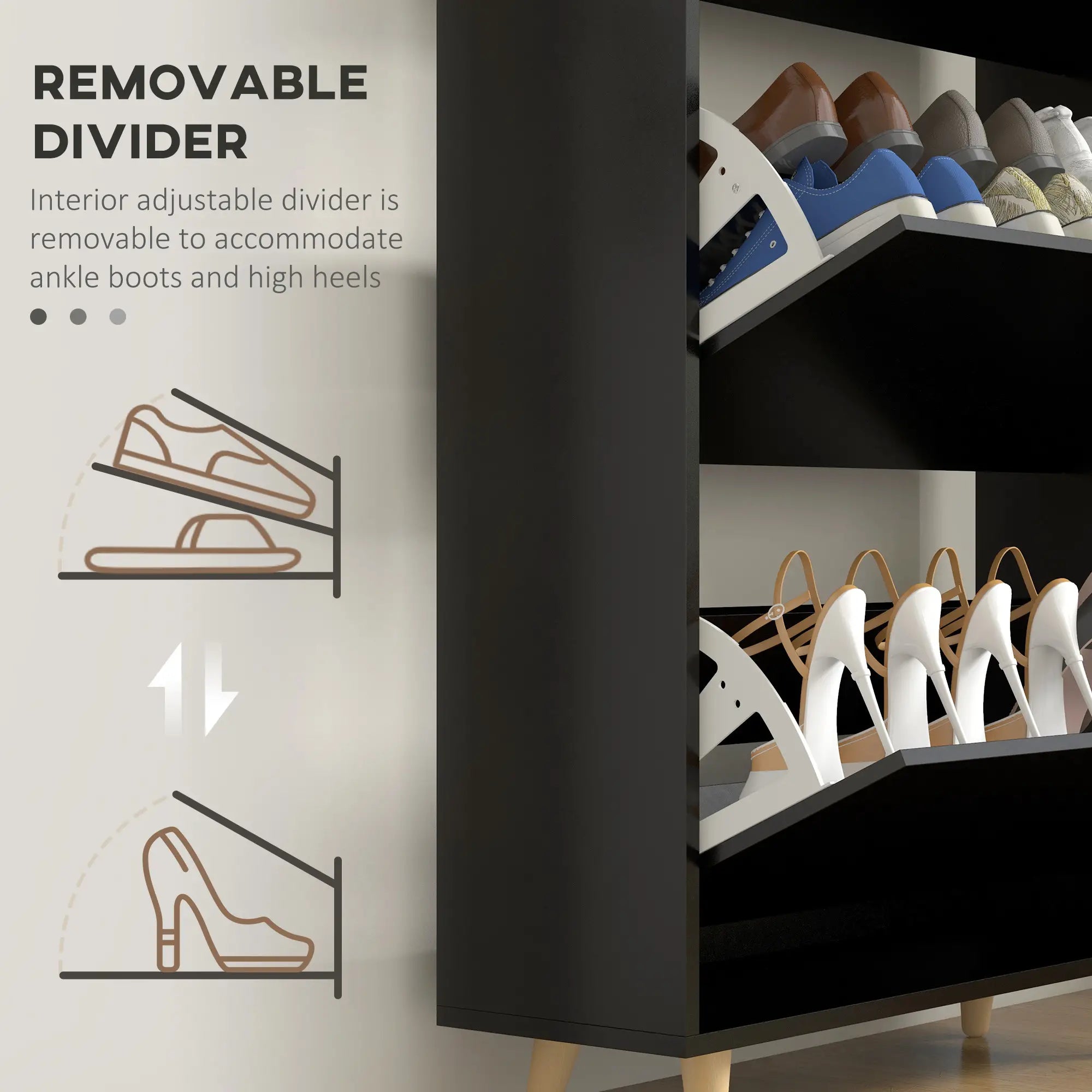 Slim Shoe Storage Cabinet, 3 Flip Drawers, Adjustable Shelves, 18-24 Pairs, Black Shoe Storage Cabinets & Racks at Gallery Canada