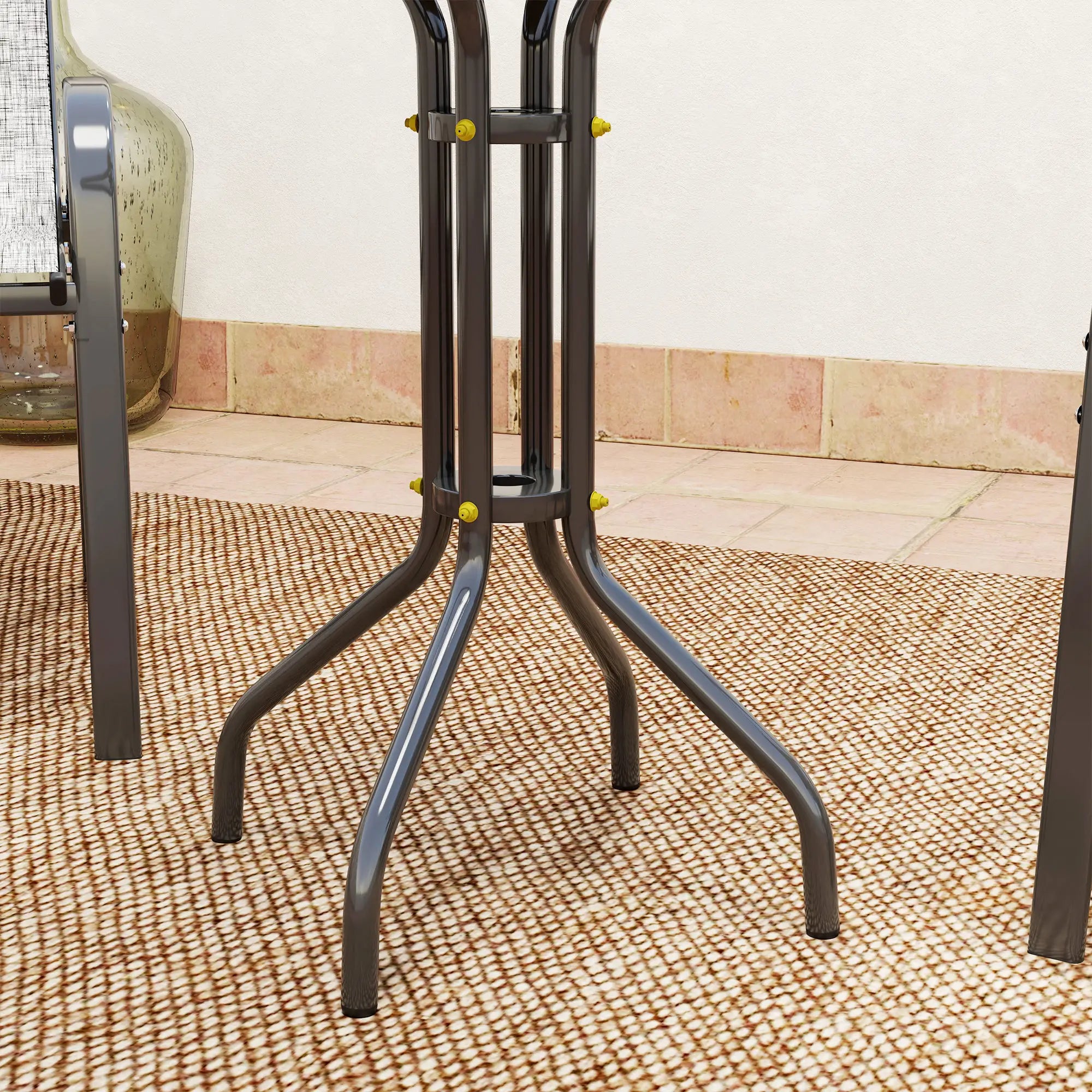 3 Piece Bistro Set, Stackable Mesh Chairs, Glass Table, Grey Bistro Sets at Gallery Canada