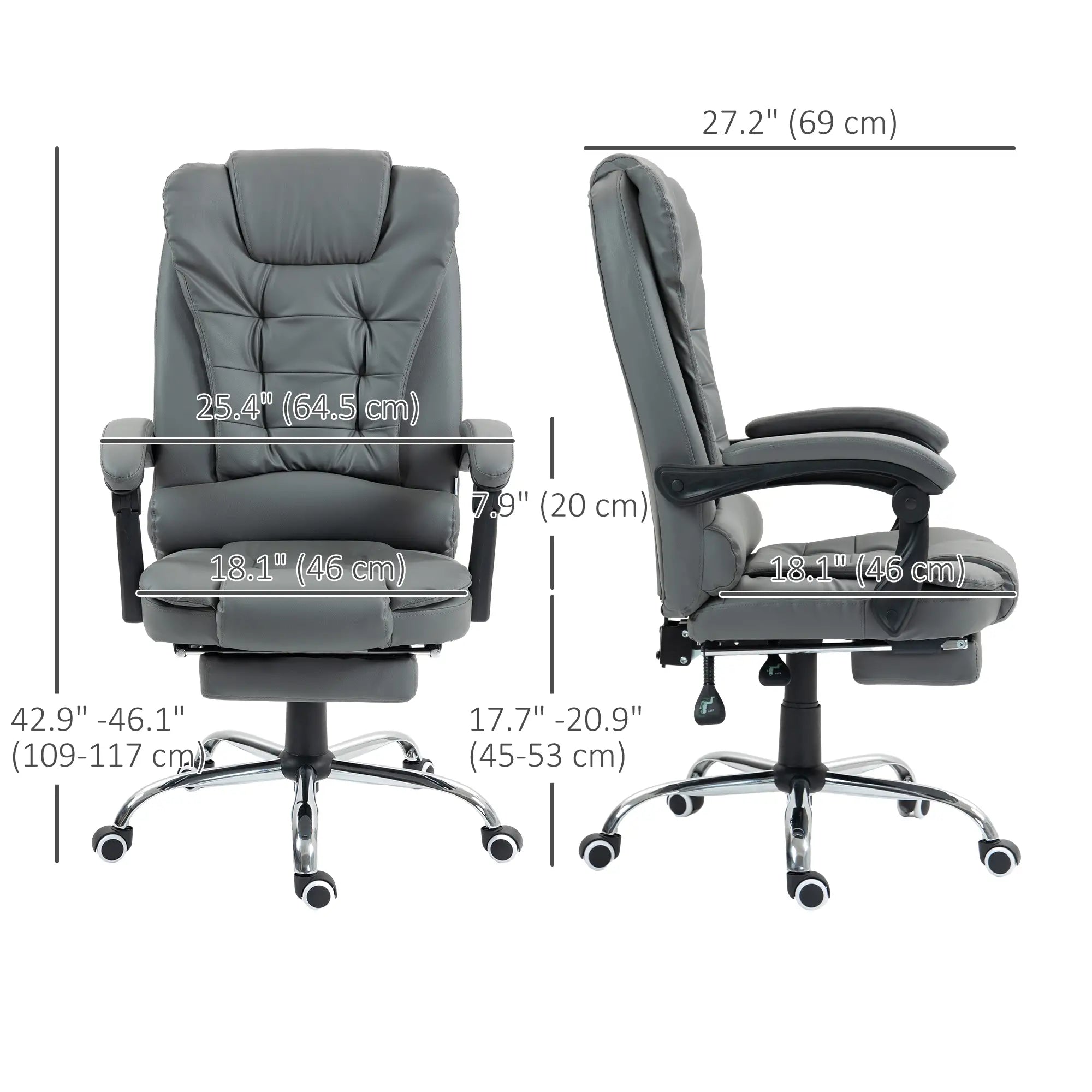 High Back PU Leather Office Chair, Retractable Footrest, Padded Armrest, Grey Executive & Manager Chairs at Gallery Canada