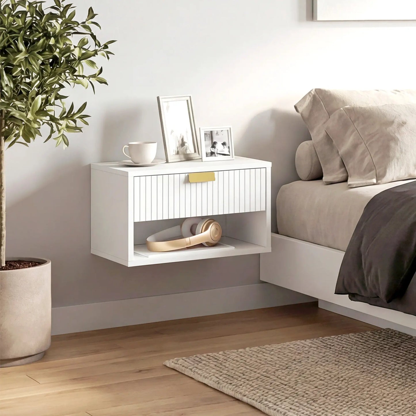 Set of 2 Floating Nightstands, Wall Mounted with Fluted Drawer and Shelf, White