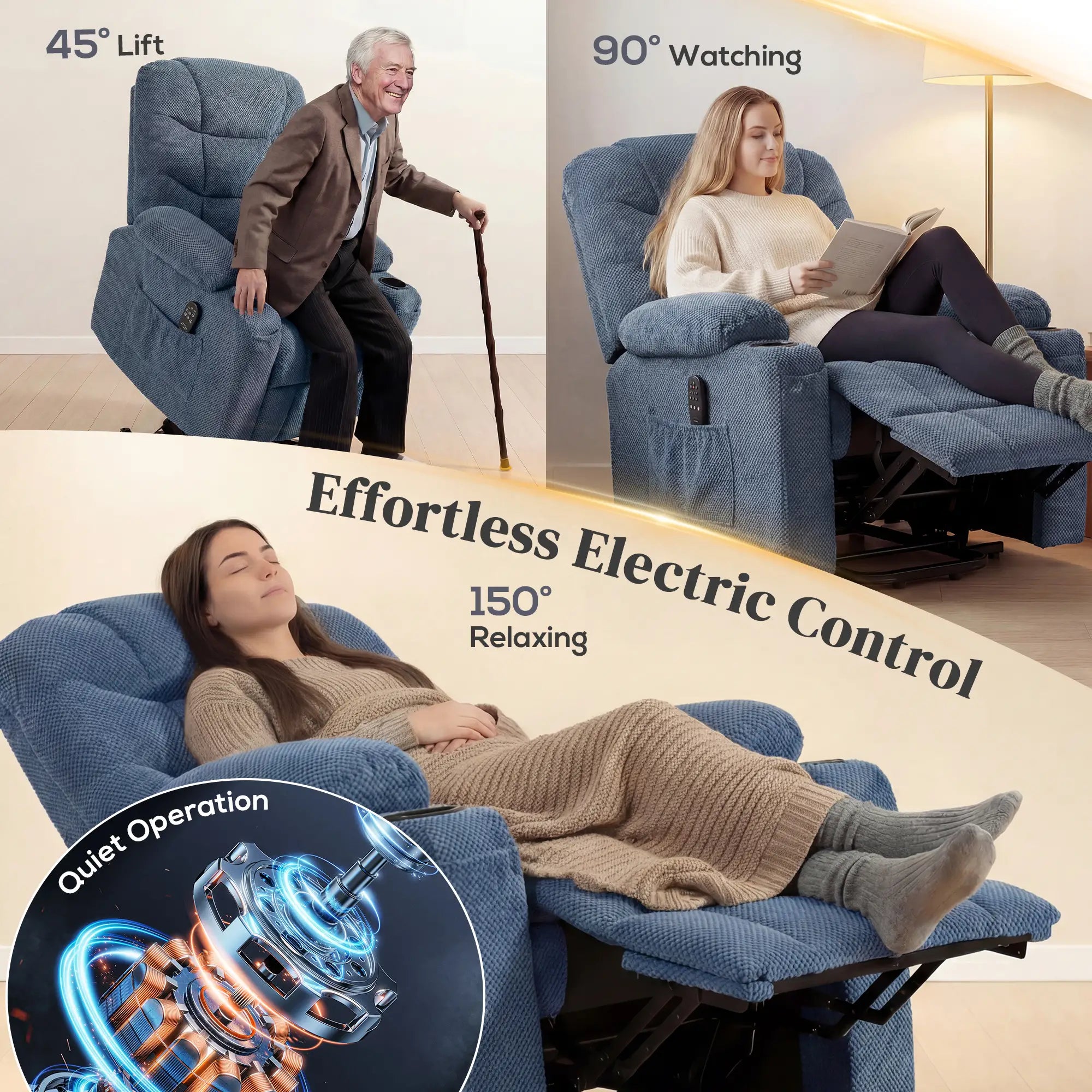Electric Lift Recliner Chair, Massage, Side Pockets, Cup Holders, Remote, Blue Electric Power Lift Chairs at Gallery Canada