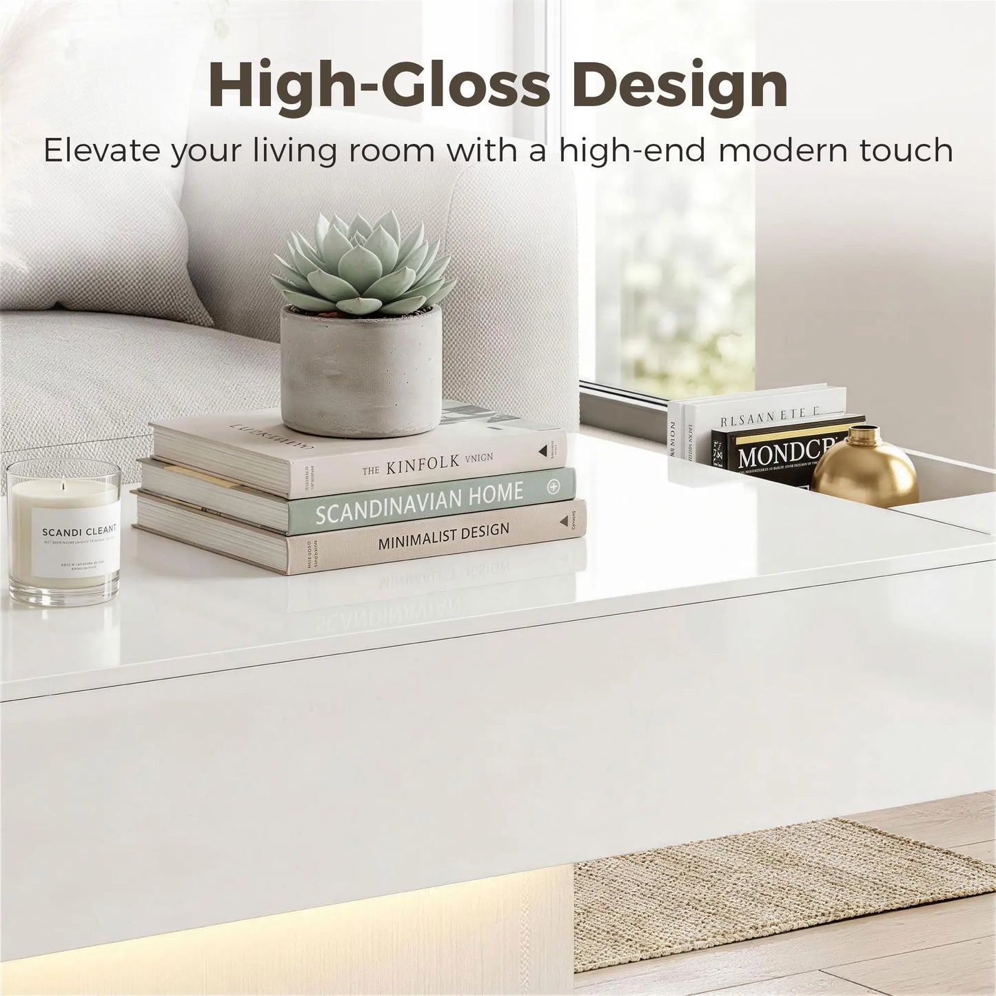 LED Coffee Table with Storage, High Gloss Modern Center Table with 2 Drawers and Remote Control for Living Room, White