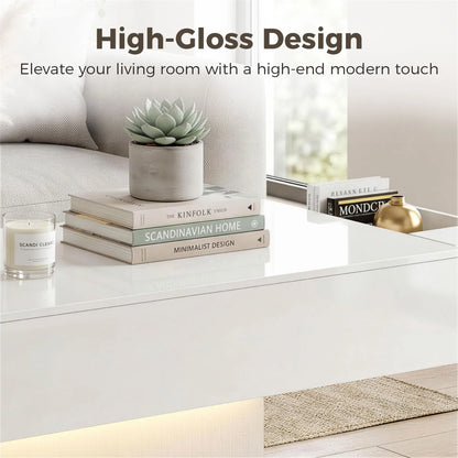 LED Coffee Table with Storage, High Gloss Modern Center Table with 2 Drawers and Remote Control for Living Room, White