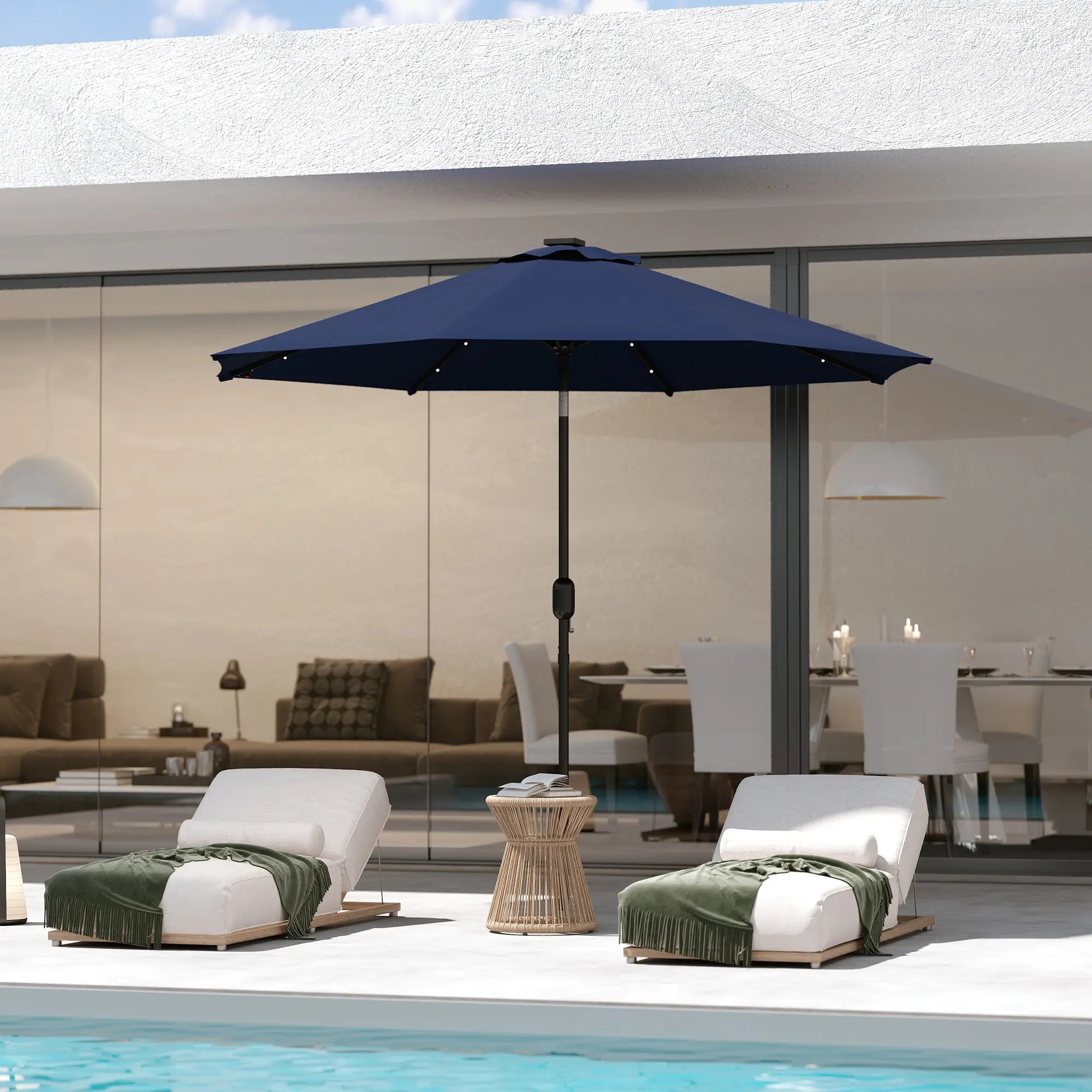 9ft Solar Patio Umbrella, 24 LED Lights, Tilt Canopy, Navy Blue Sun Umbrellas at Gallery Canada