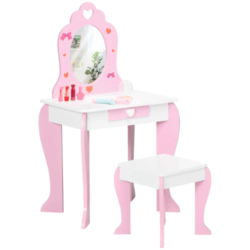 Kids Vanity Table Chair Set, Dressing Set with Mirror Drawer, 3-6 Years, Pink