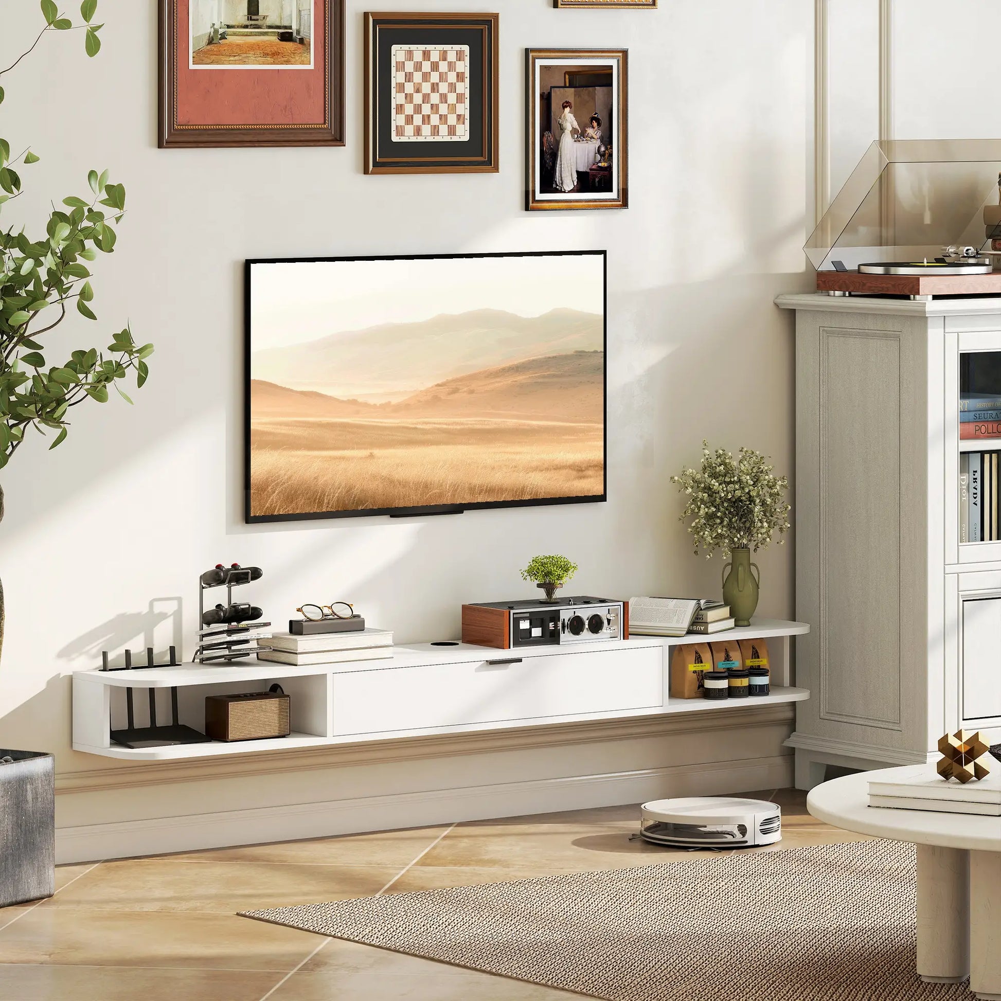 71 Inch Floating TV Stand, Wall Mounted Media Console, White TV Stands at Gallery Canada