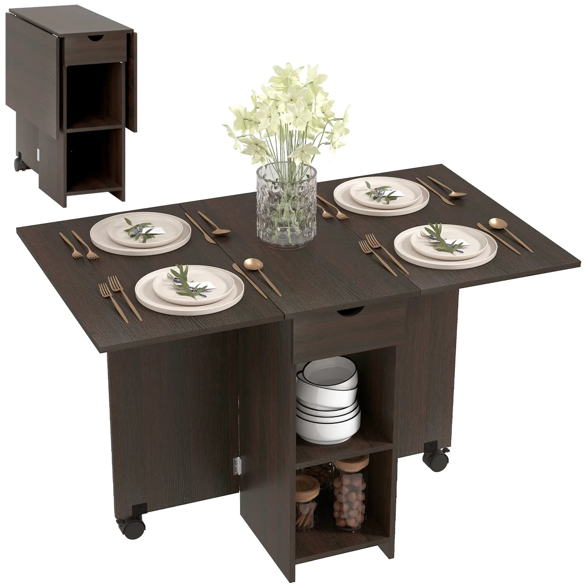 Folding Dining Table, Drop Leaf with Drawer, Storage Shelves, Dark Brown Dining Tables at Gallery Canada