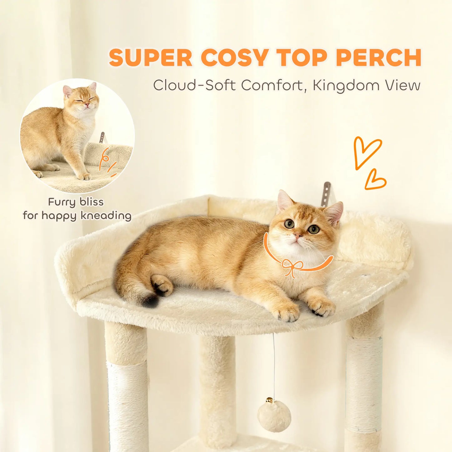 67" Large Cat Tree with 7 Scratching Posts, Tunnel, 2 Condos, Hammock, Perch, Ramp, Pompoms, Beige
