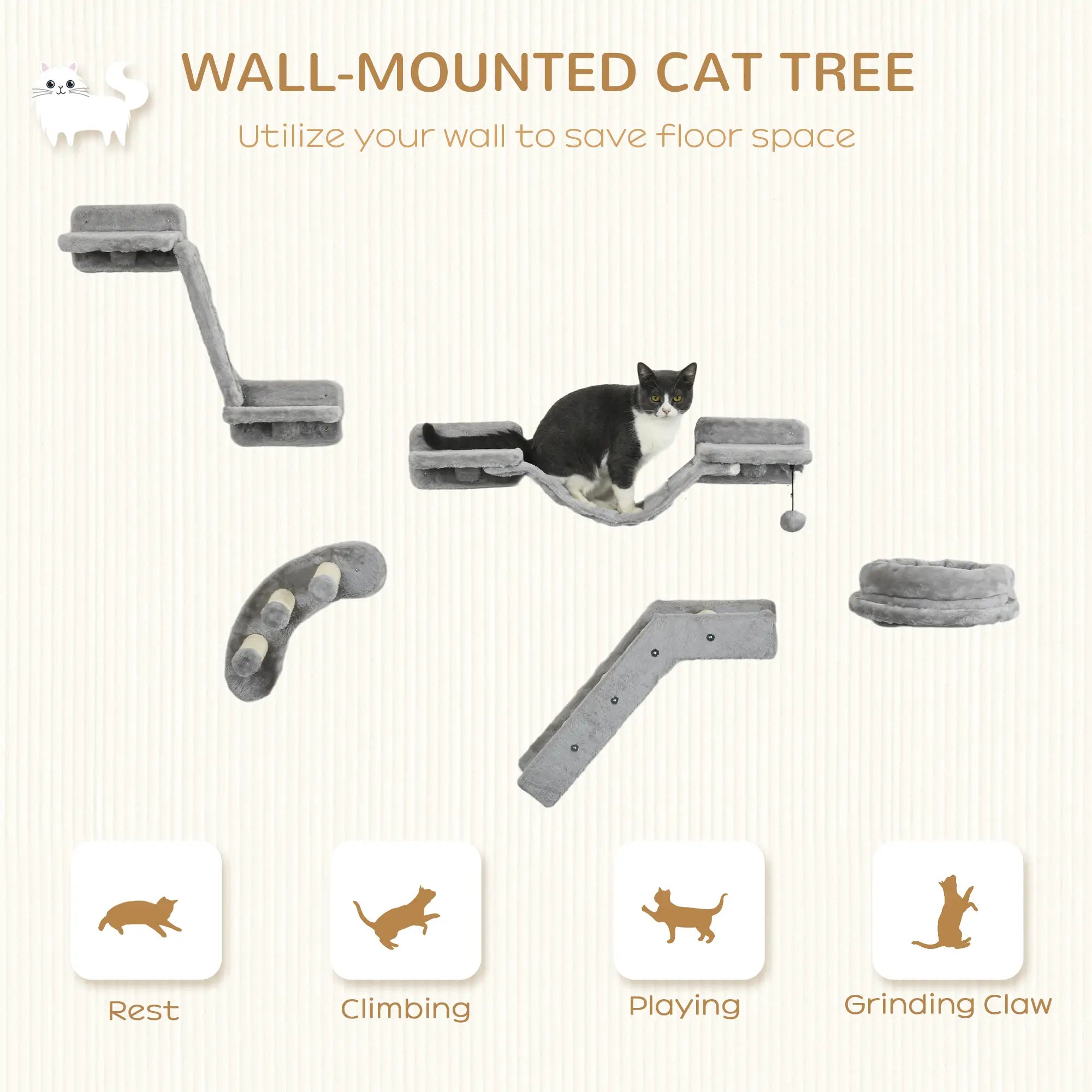 5PCs Cat Wall Shelves, Scratching Post, Ladder, Bed, Platform Cat Climbing Wall at Gallery Canada