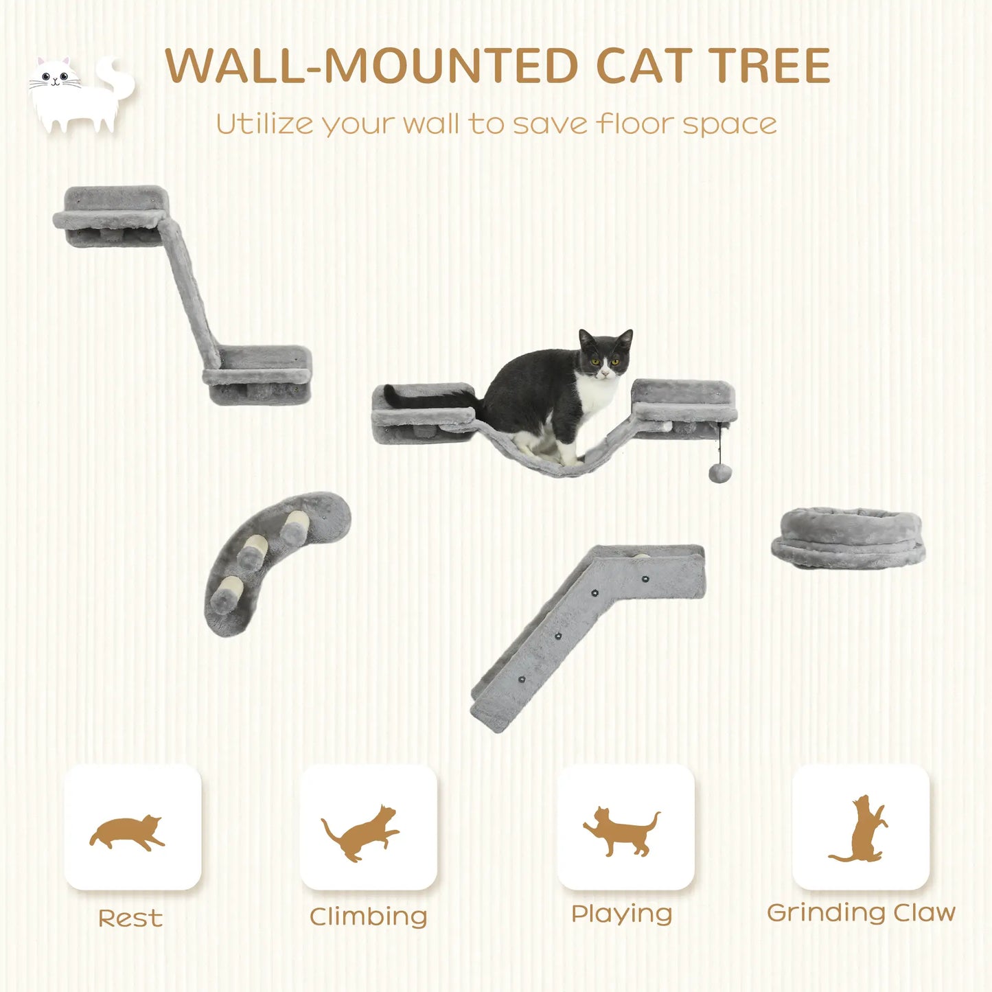 5PCs Cat Wall Shelves, Scratching Post, Ladder, Bed, Platform Cat Climbing Wall at Gallery Canada