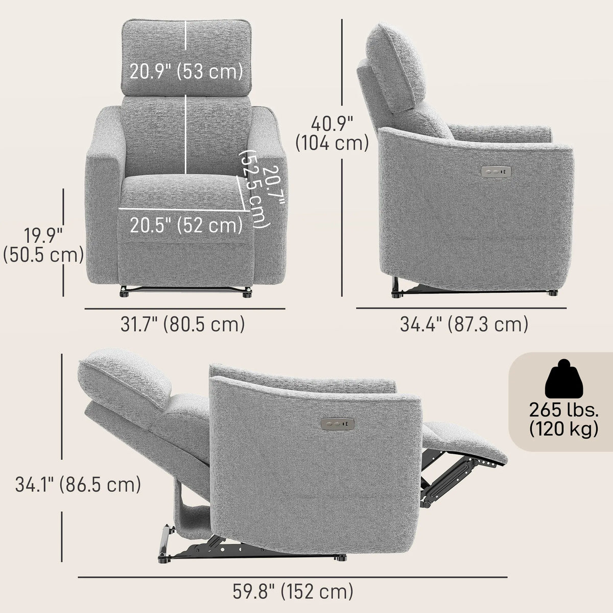 Power Recliner Chair, Linen Fabric, USB Ports, Footrest, Grey Sofas & Reclining Chairs at Gallery Canada