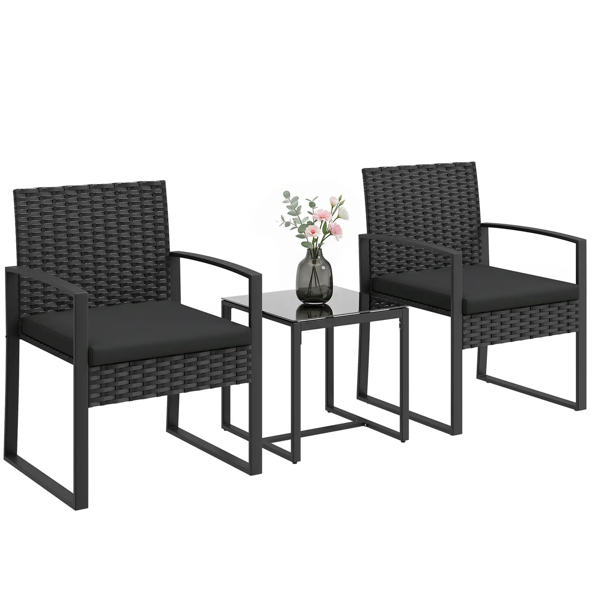 3 Piece Wicker Patio Set, Glass Top Table With Cushions, Black Bistro Sets at Gallery Canada