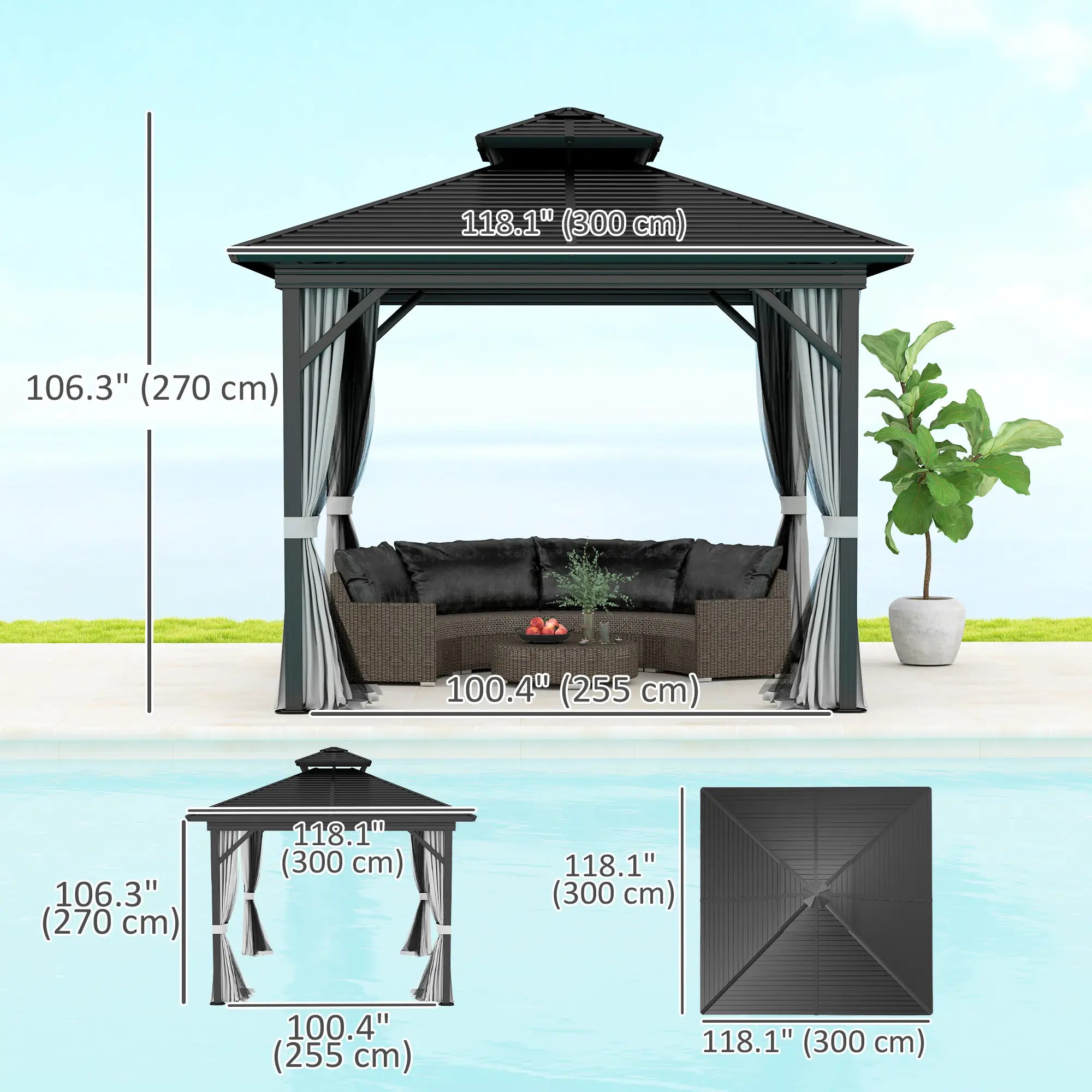 10' x 10' Hardtop Gazebo, Sun Shelter, Mosquito Netting, Light Grey Gazebos at Gallery Canada