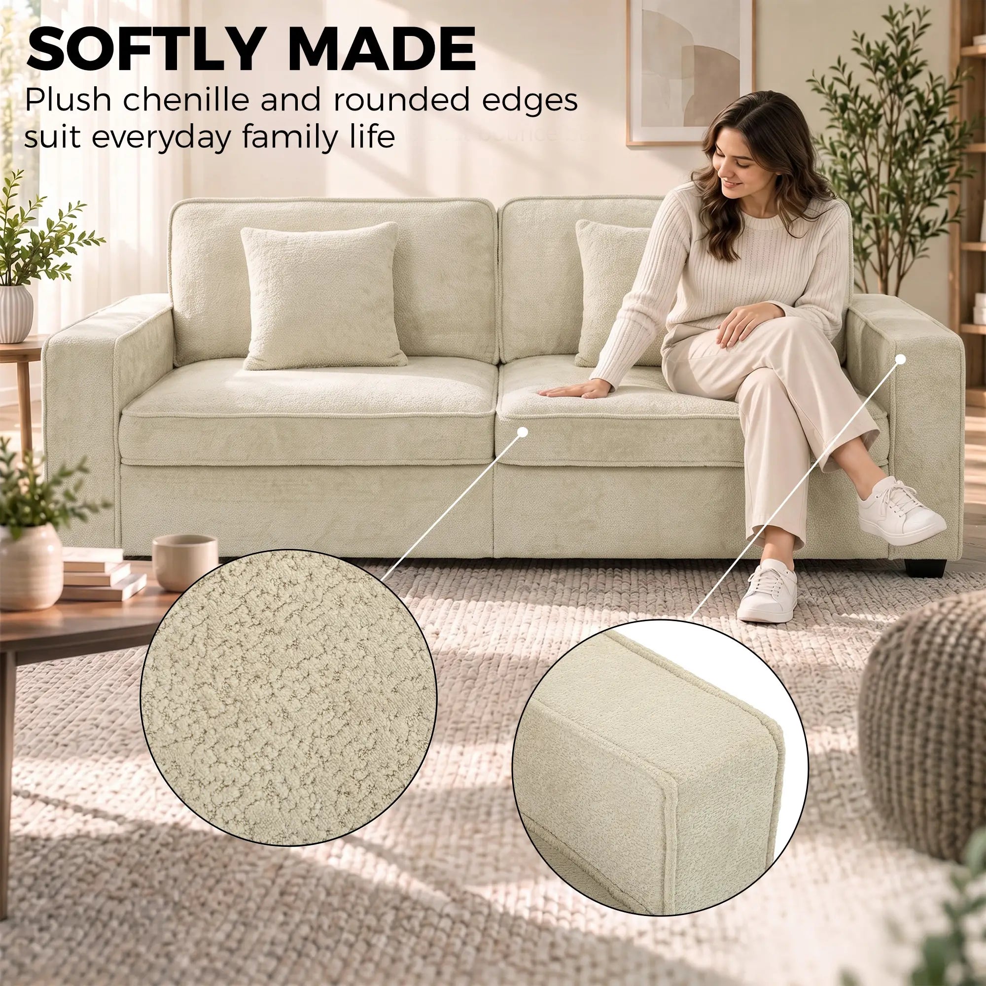 3 Seater Sofa, Thick Cushion, Wide Deep Seat, 2 Pillows, Light Brown 3-Seater Sofas at Gallery Canada