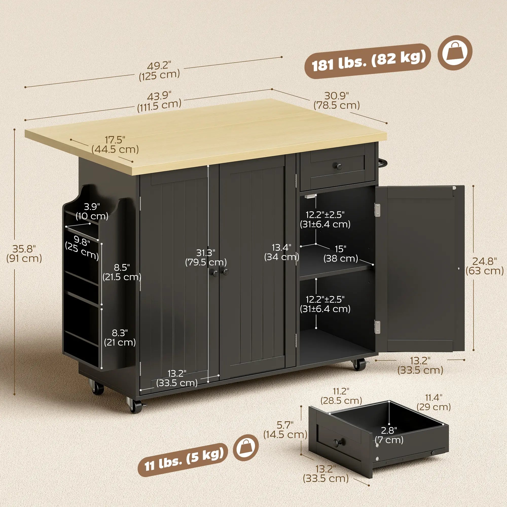 Kitchen Island Cart With Drop Leaf, Drawer, Rack, Black Kitchen Islands & Kitchen Carts at Gallery Canada