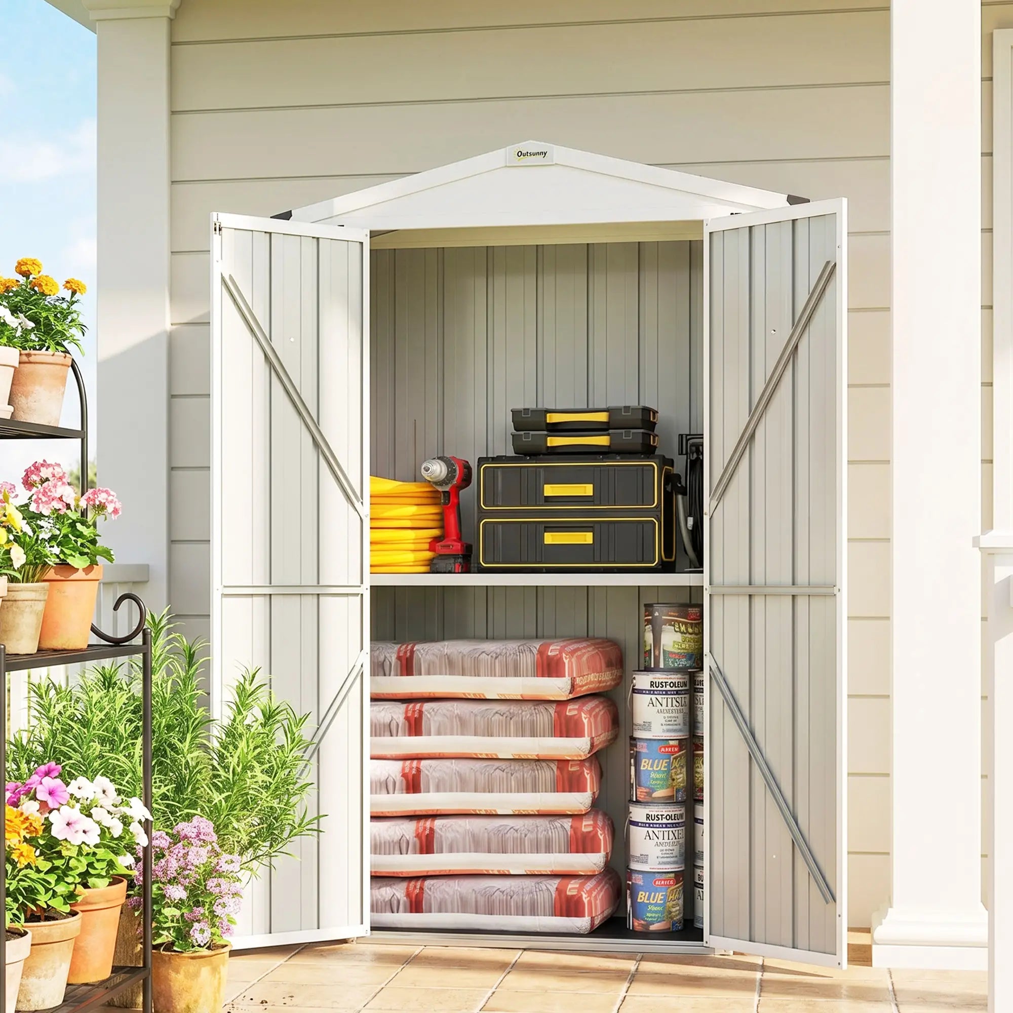 Metal Garden Shed with Shelf, Apex Roof, Light Grey Sheds at Gallery Canada