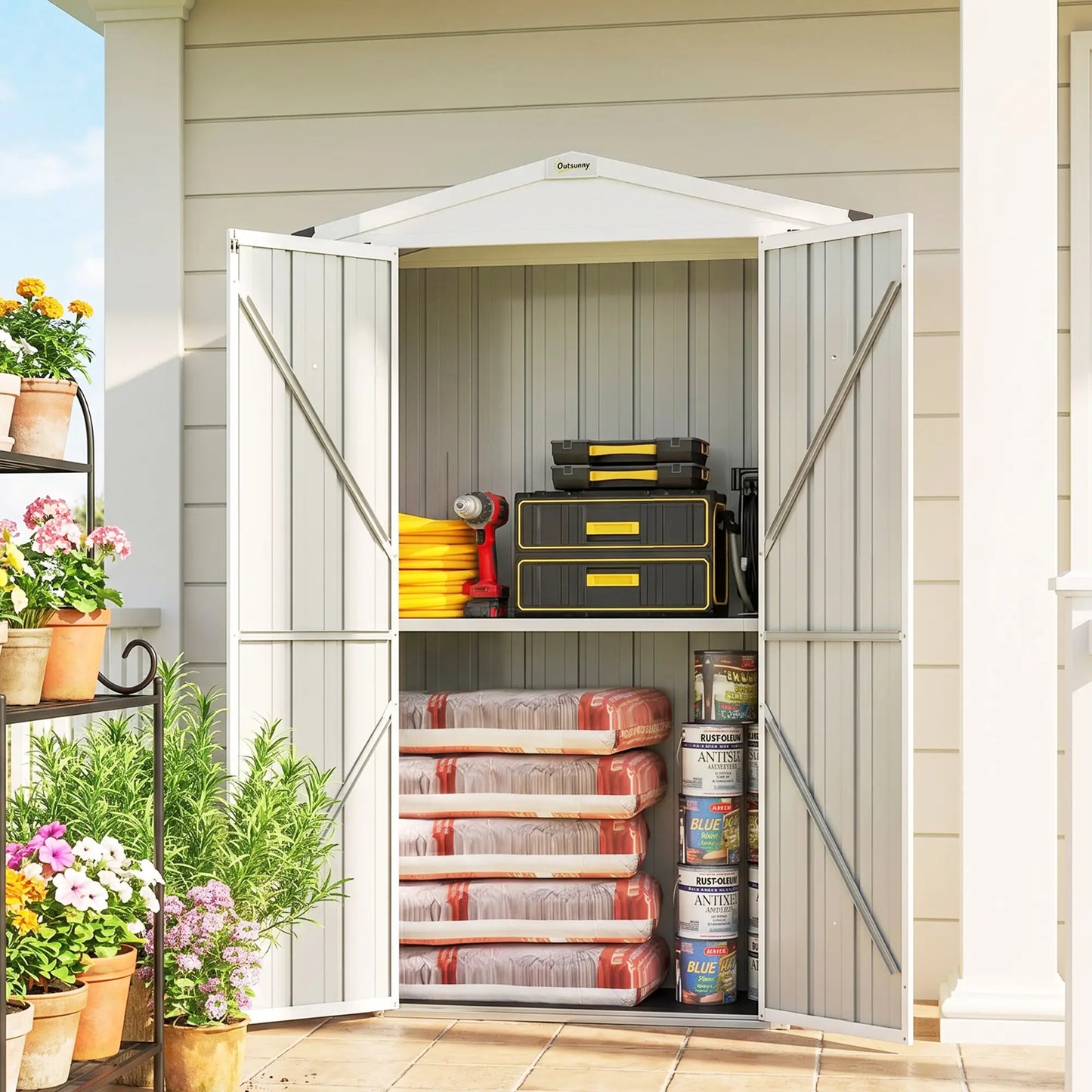 Metal Garden Shed with Shelf, Apex Roof, Light Grey Sheds at Gallery Canada
