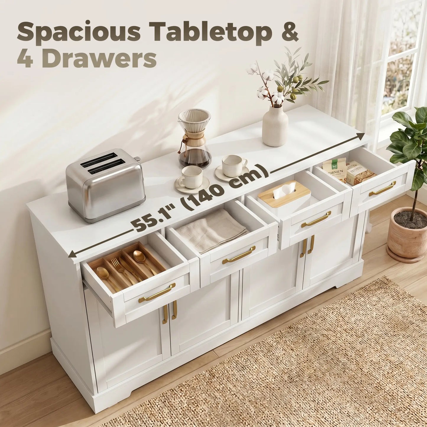 Sideboard Buffet Cabinet, 55" Modern Farmhouse, 4 Drawers, 4 Doors
