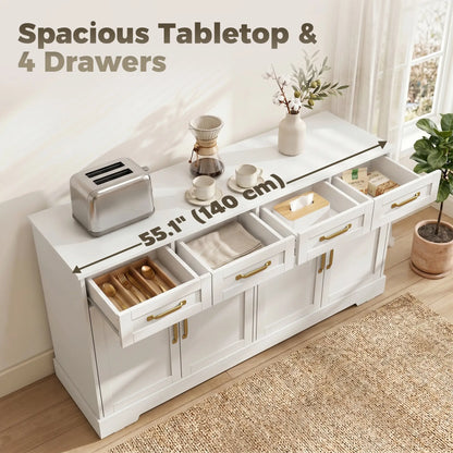 Sideboard Buffet Cabinet, 55" Modern Farmhouse, 4 Drawers, 4 Doors