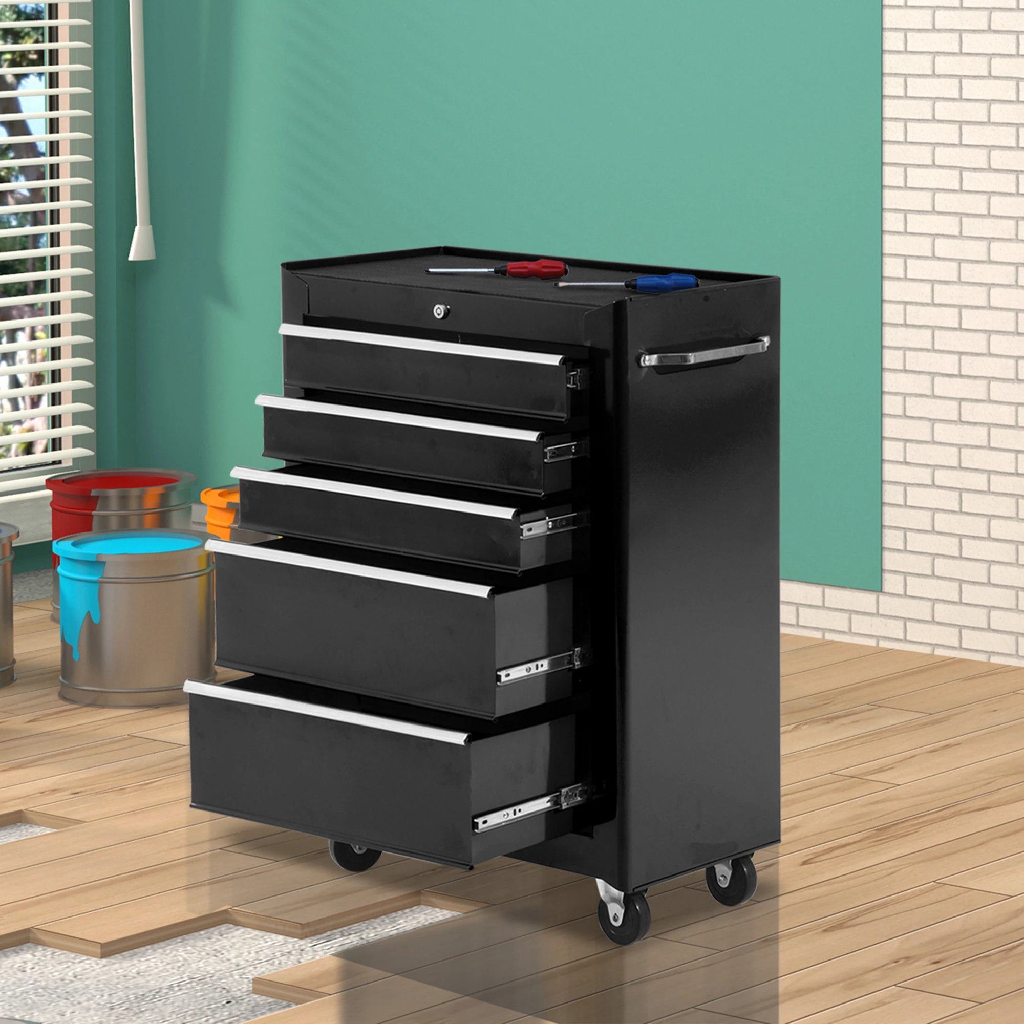 5-Drawer Rolling Tool Cabinet, Lockable Tool Chest, Black Tool Organizers at Gallery Canada