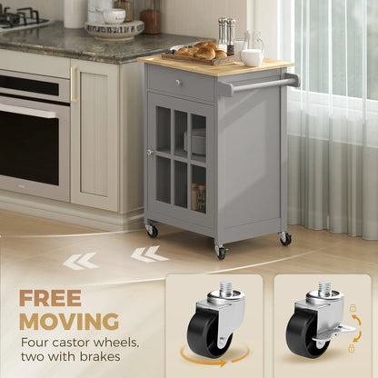 Rolling Kitchen Cart with Drawer and Glass Door Cabinet, Kitchen Island on Wheels with Towel Rack, Dark Grey Kitchen Islands & Kitchen Carts at Gallery Canada