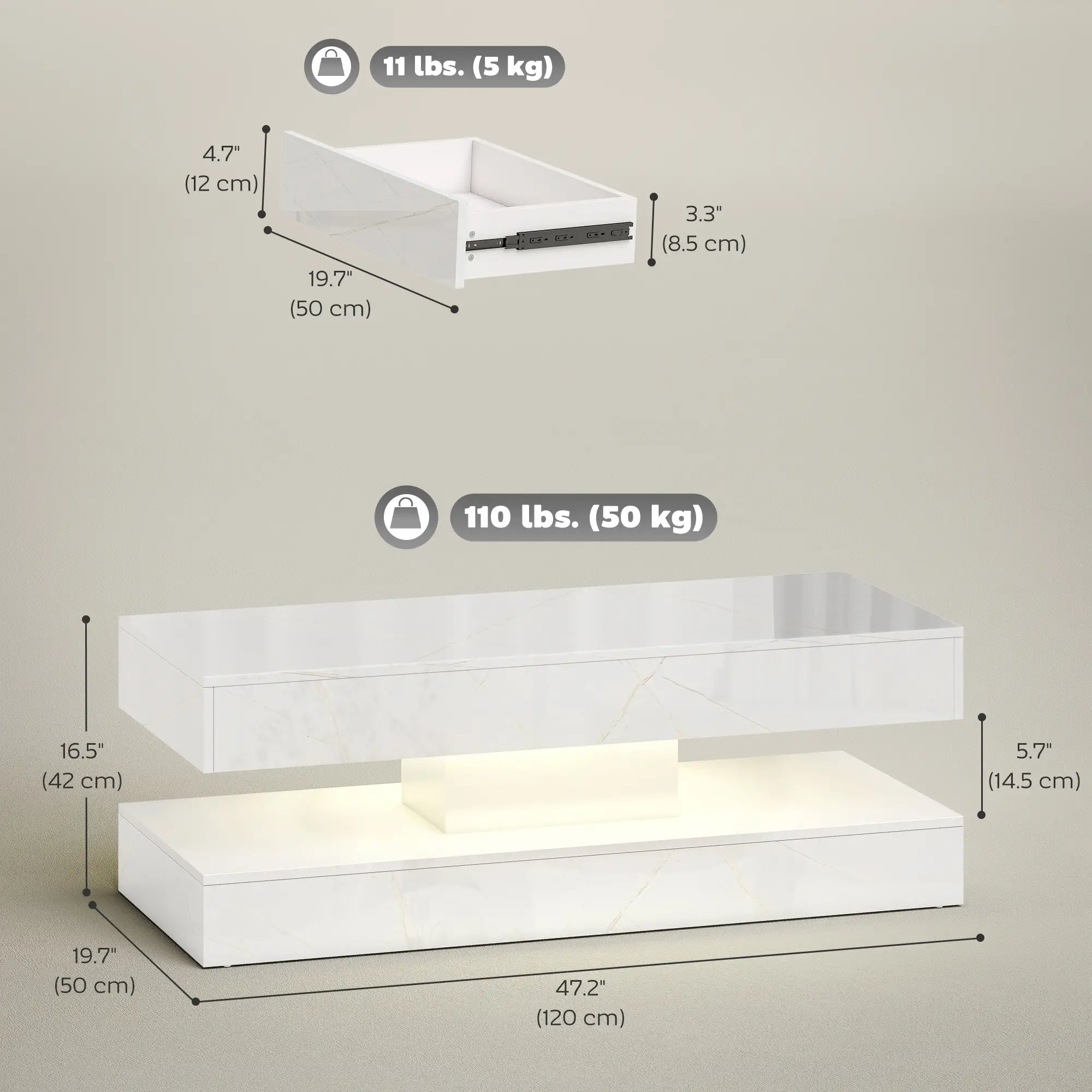 Adjustable LED Coffee Table, 2 Drawers, Open Shelf, Remote, White Coffee Tables at Gallery Canada