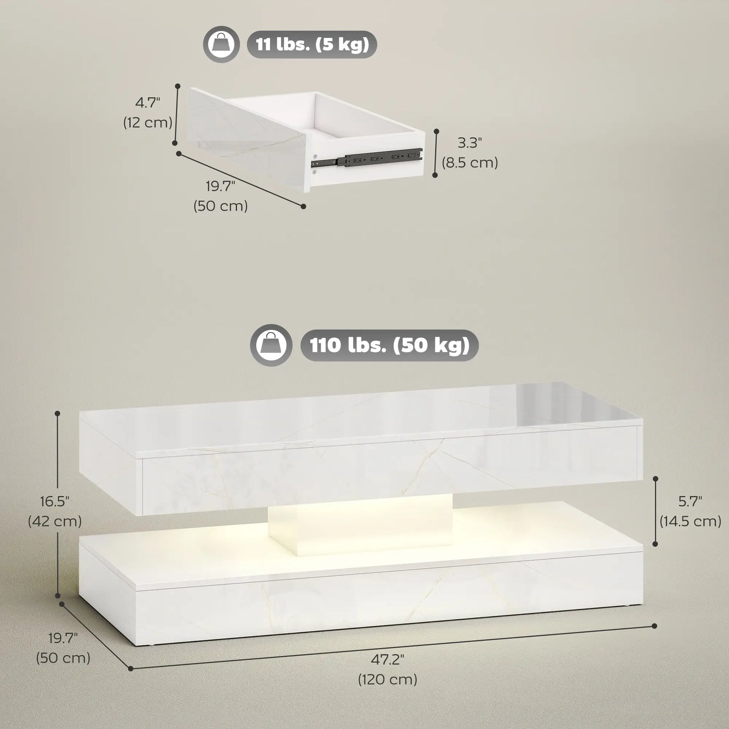 Adjustable LED Coffee Table, 2 Drawers, Open Shelf, Remote, White Coffee Tables at Gallery Canada