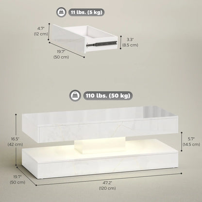 Adjustable LED Coffee Table, 2 Drawers, Open Shelf, Remote, White Coffee Tables at Gallery Canada