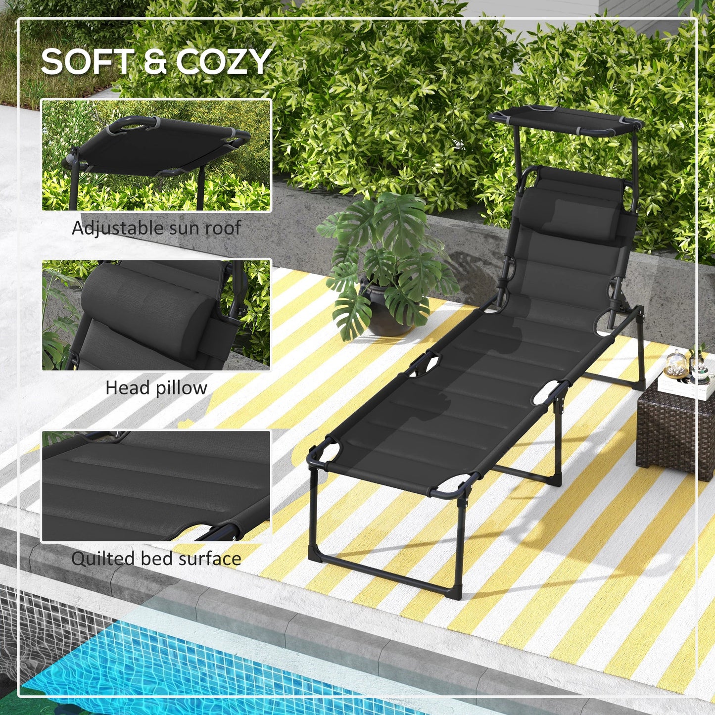 Folding Chaise Lounge, Adjustable Sunroof, Outdoor Quick Dry, Black Lounger Chairs at Gallery Canada