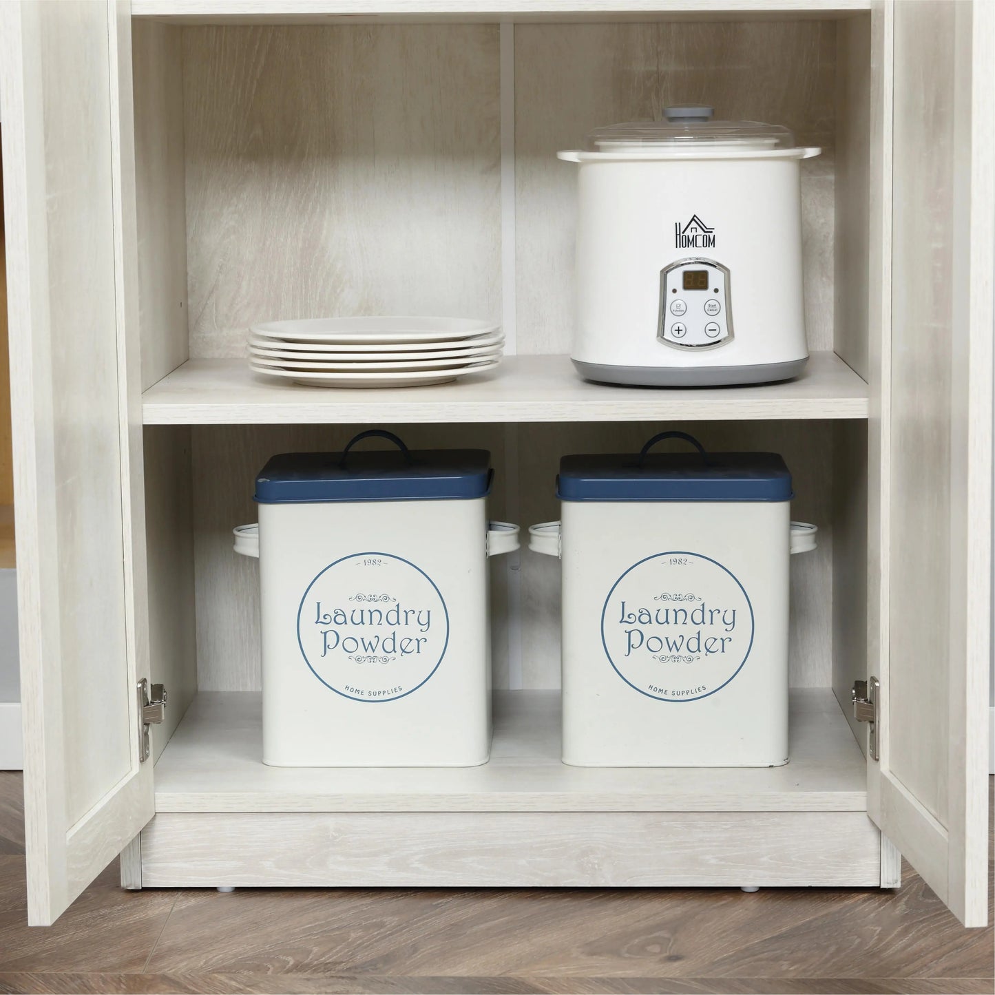 63" Kitchen Storage Cabinet, 5-Tier Pantry with Doors, Adjustable Shelves, Distressed, White Kitchen Pantry Cabinets at Gallery Canada