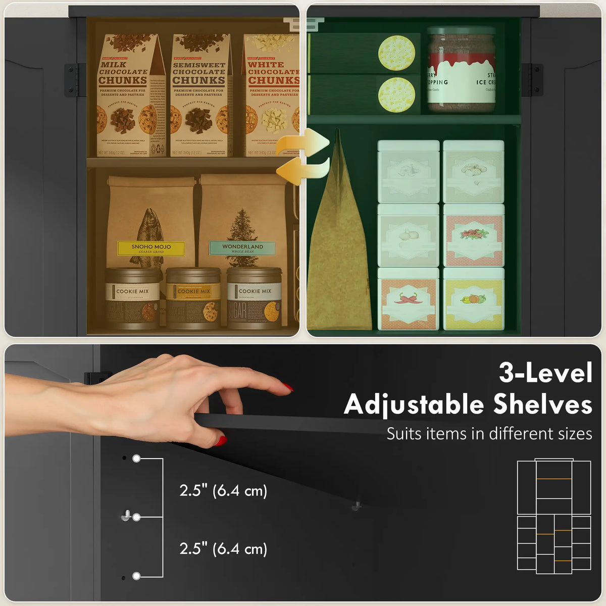 Tall Pantry Cabinet, 64 Inch, Adjustable Shelves, Spice Racks, Black Kitchen Pantry Cabinets at Gallery Canada