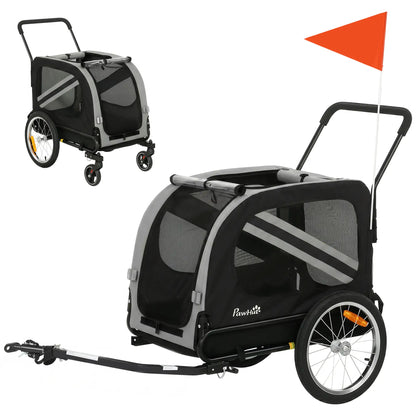 2-in-1 Dog Bike Trailer, Stroller With Reflectors Flag, Grey