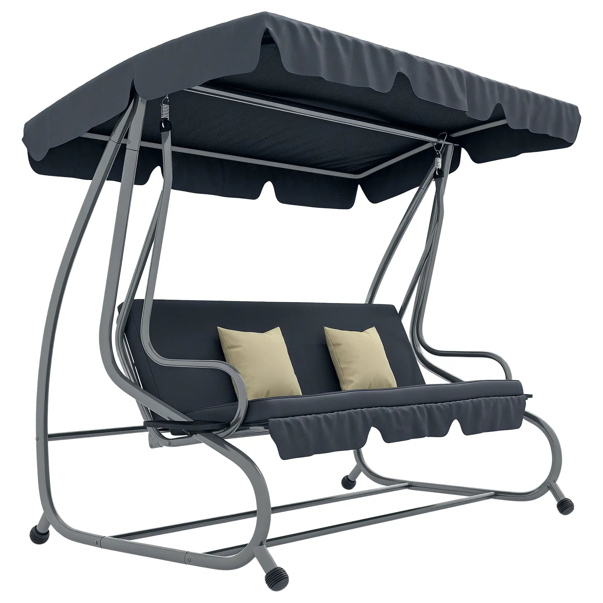 3-Seat Outdoor Swing Canopy Chair, Adjustable Shade, Cushions, Cup Holder, Dark Grey Patio Swings with Stand at Gallery Canada