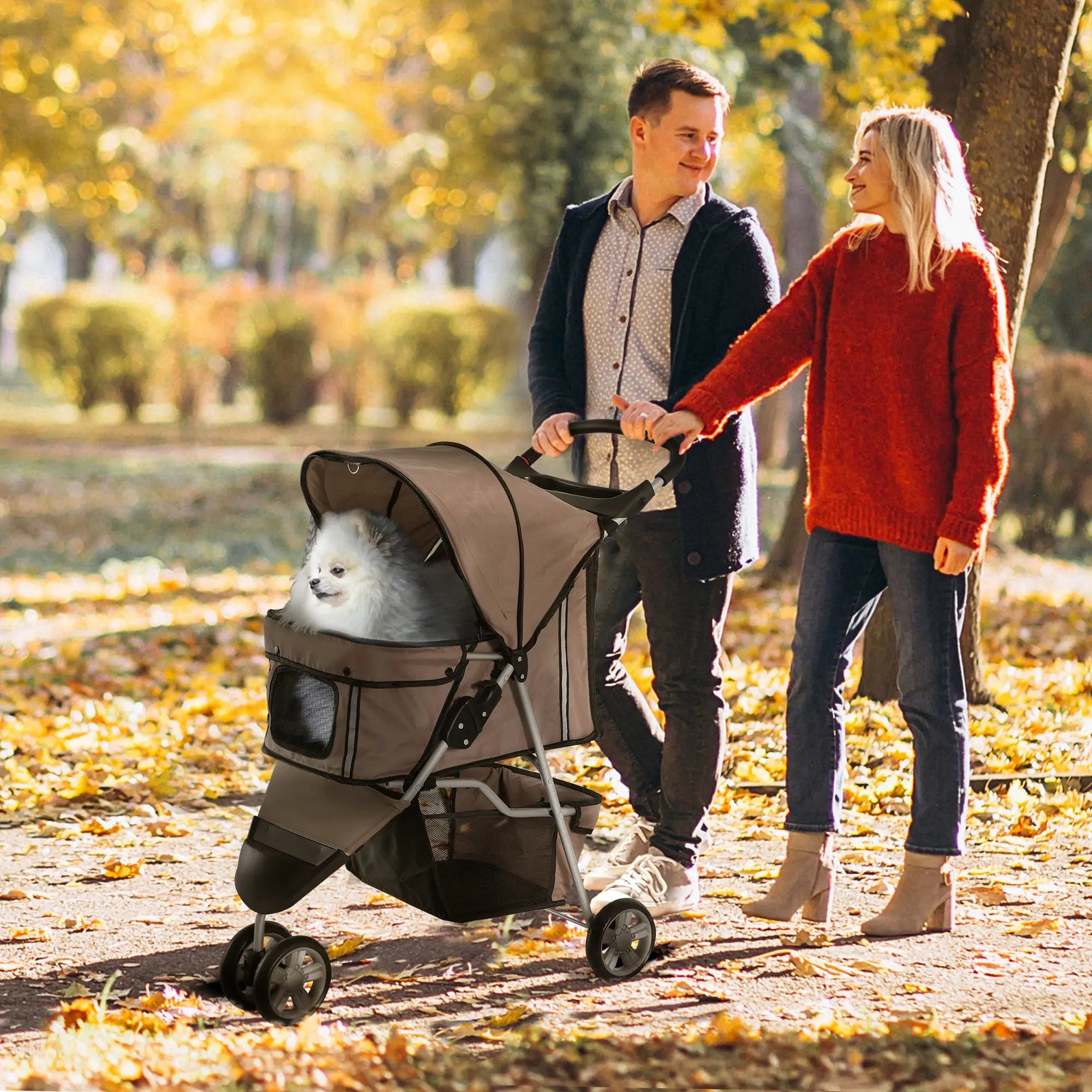 3 Wheel Foldable Cat Stroller, Storage Basket, Adjustable Canopy, Coffee Dog Bike Trailers & Strollers at Gallery Canada