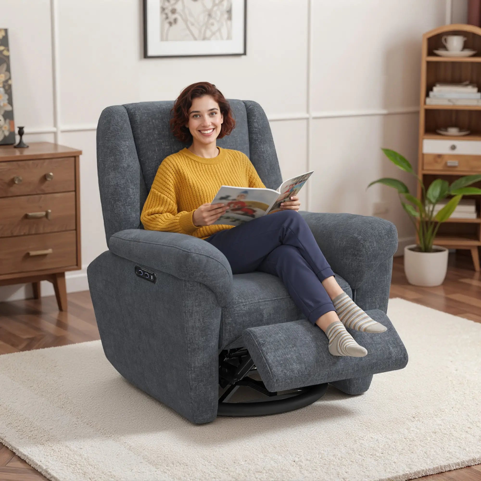 Power Recliner Chair, Fabric Upholstery, USB Ports, Swivel Rocking, Dark Grey Single Sofas at Gallery Canada