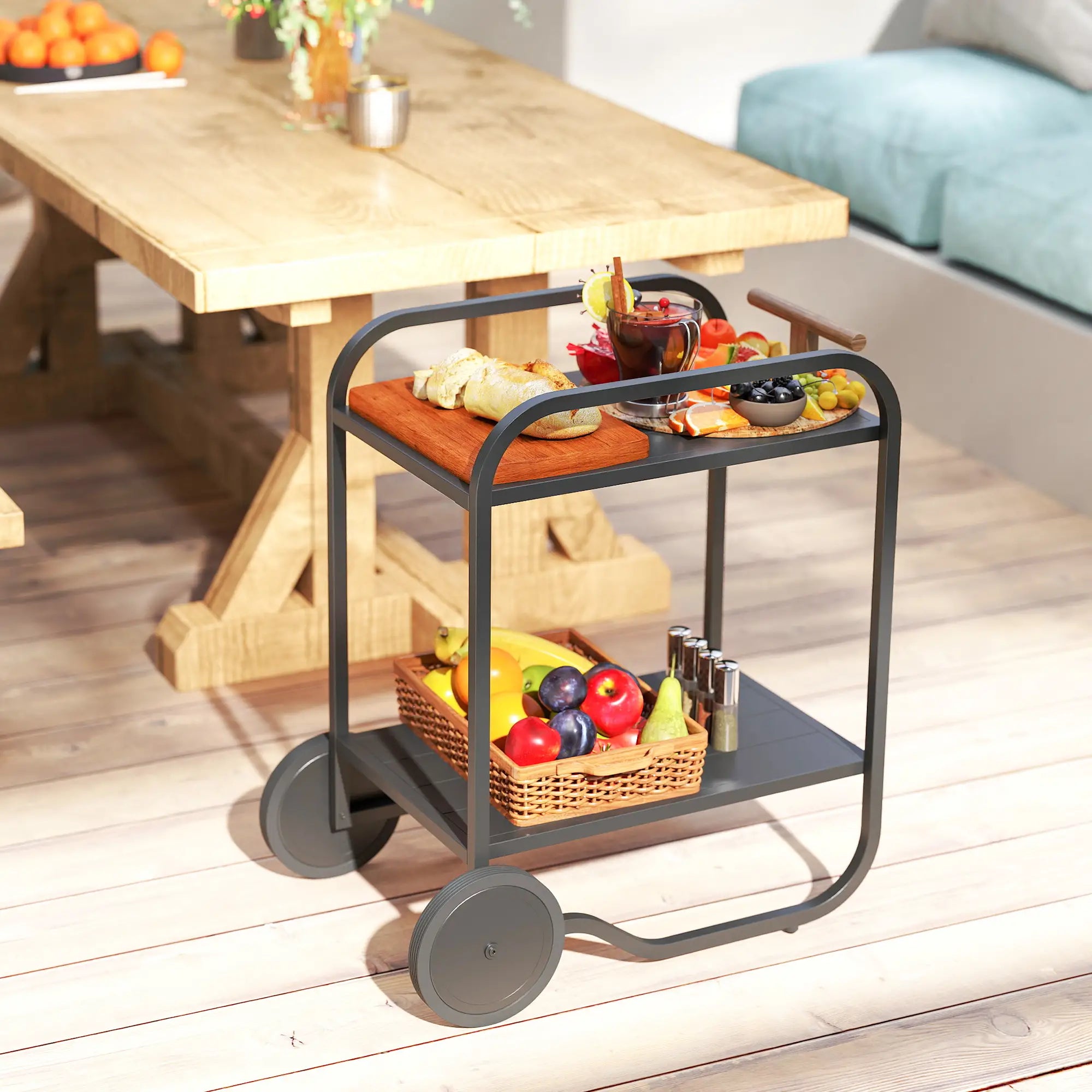 Outdoor Grill Cart With Storage, 2-Tier Bar Cart On Wheels, Steel Frame, Black Outdoor Grill Carts at Gallery Canada