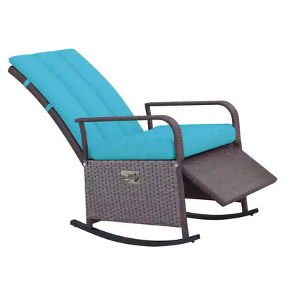 Outdoor Wicker Rocking Chair, PE Rattan Recliner with Cushion, Adjustable Footrest, Turquoise Outdoor Rocking Chairs Mixed Brown Rattan, Turquoise Cushion at Gallery Canada
