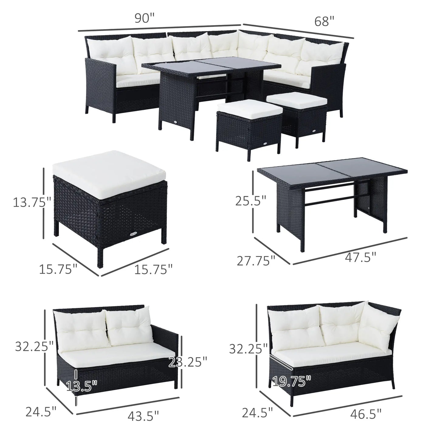 6pcs Outdoor Rattan Sofa Set, Garden Wicker Sectional, White Patio Furniture Sets at Gallery Canada