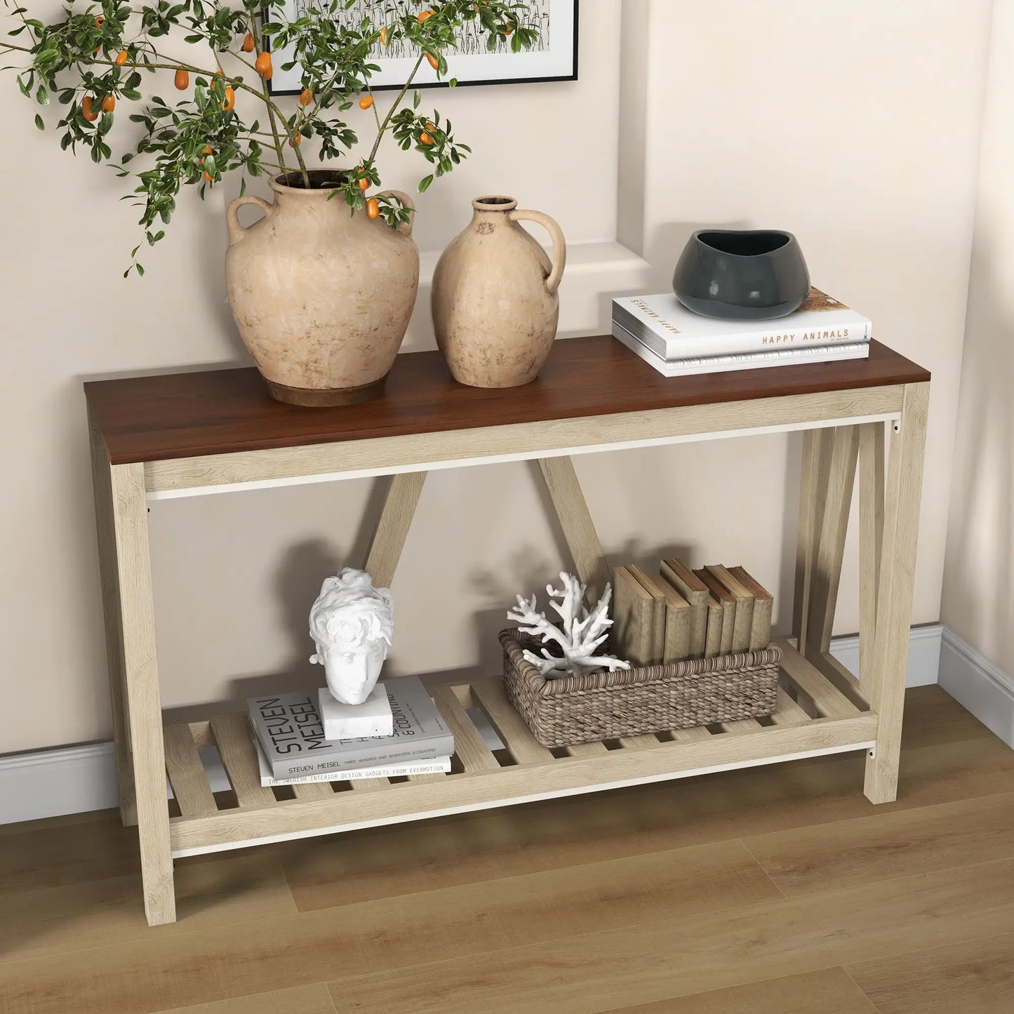Farmhouse Console Table with Storage Shelf, Rustic Sofa Table, Oak Console Tables at Gallery Canada